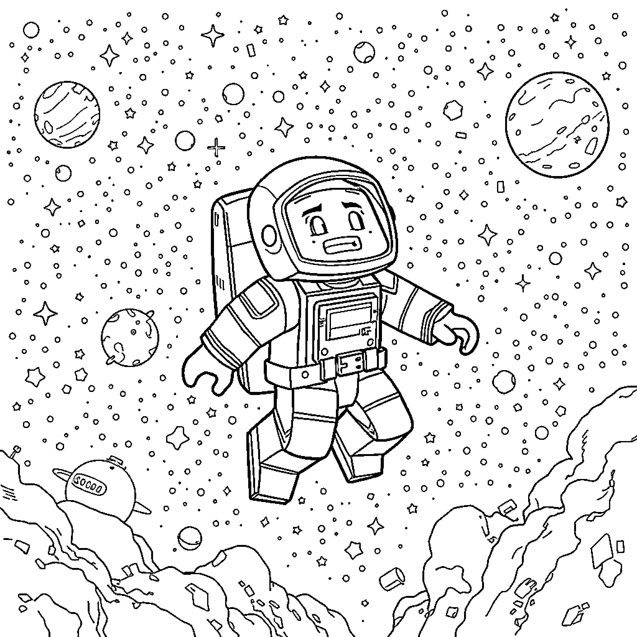 Astronaut floating in space among the stars Coloring Page (free black-and-white line drawing printable PDF for all, from beginners to advanced learners, including children, teens, adults, and seniors)