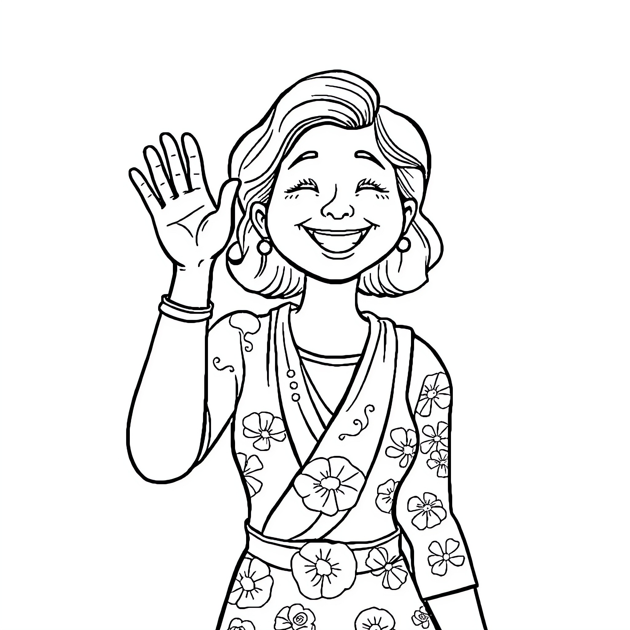 Mom waving happily in a flowery dress Coloring Page (free black-and-white line drawing printable PDF for all, from beginners to advanced learners, including children, teens, adults, and seniors)