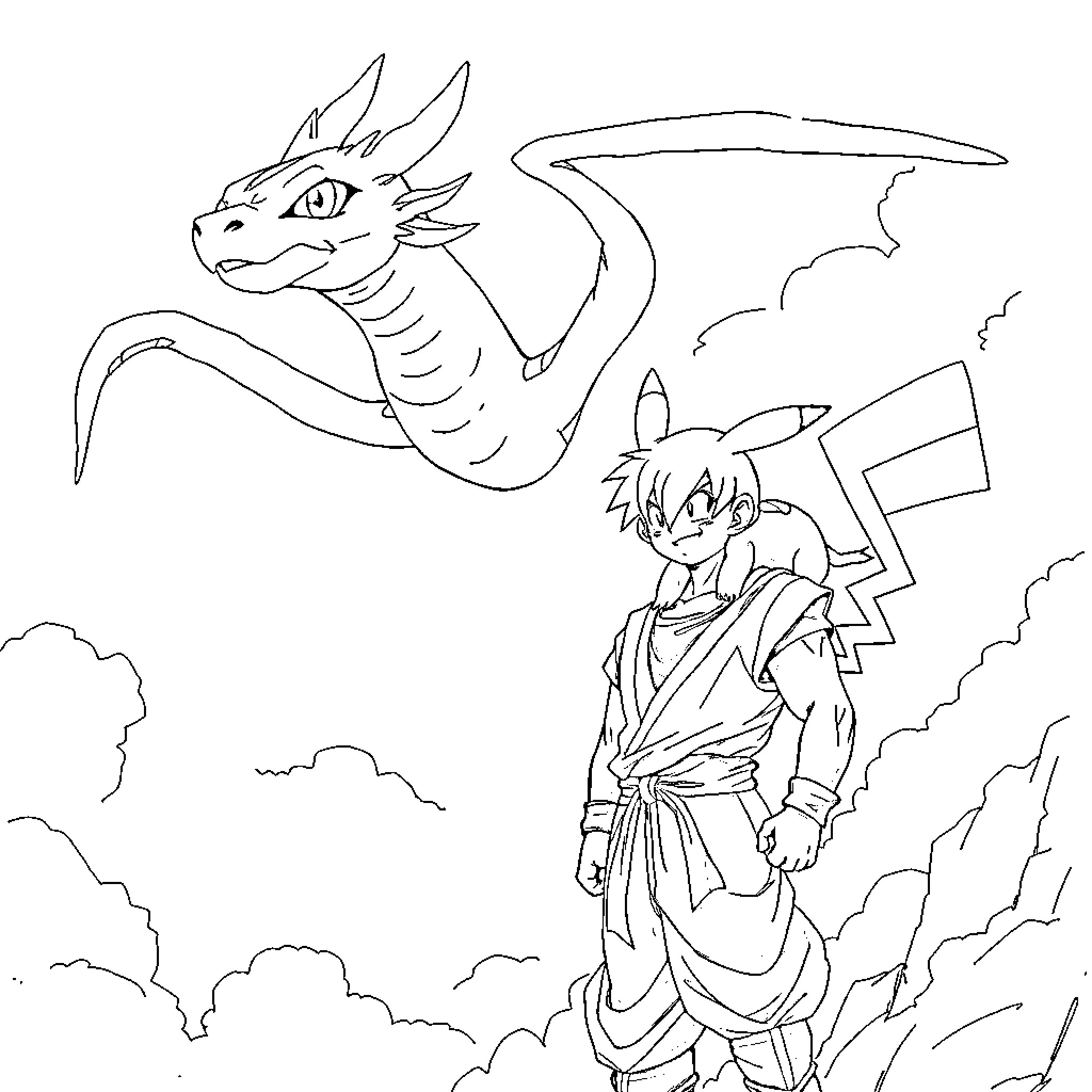Blue Eyes White Dragon flying with Duelist in the sky Coloring Page (free black-and-white line drawing printable PDF for all, from beginners to advanced learners, including children, teens, adults, and seniors)