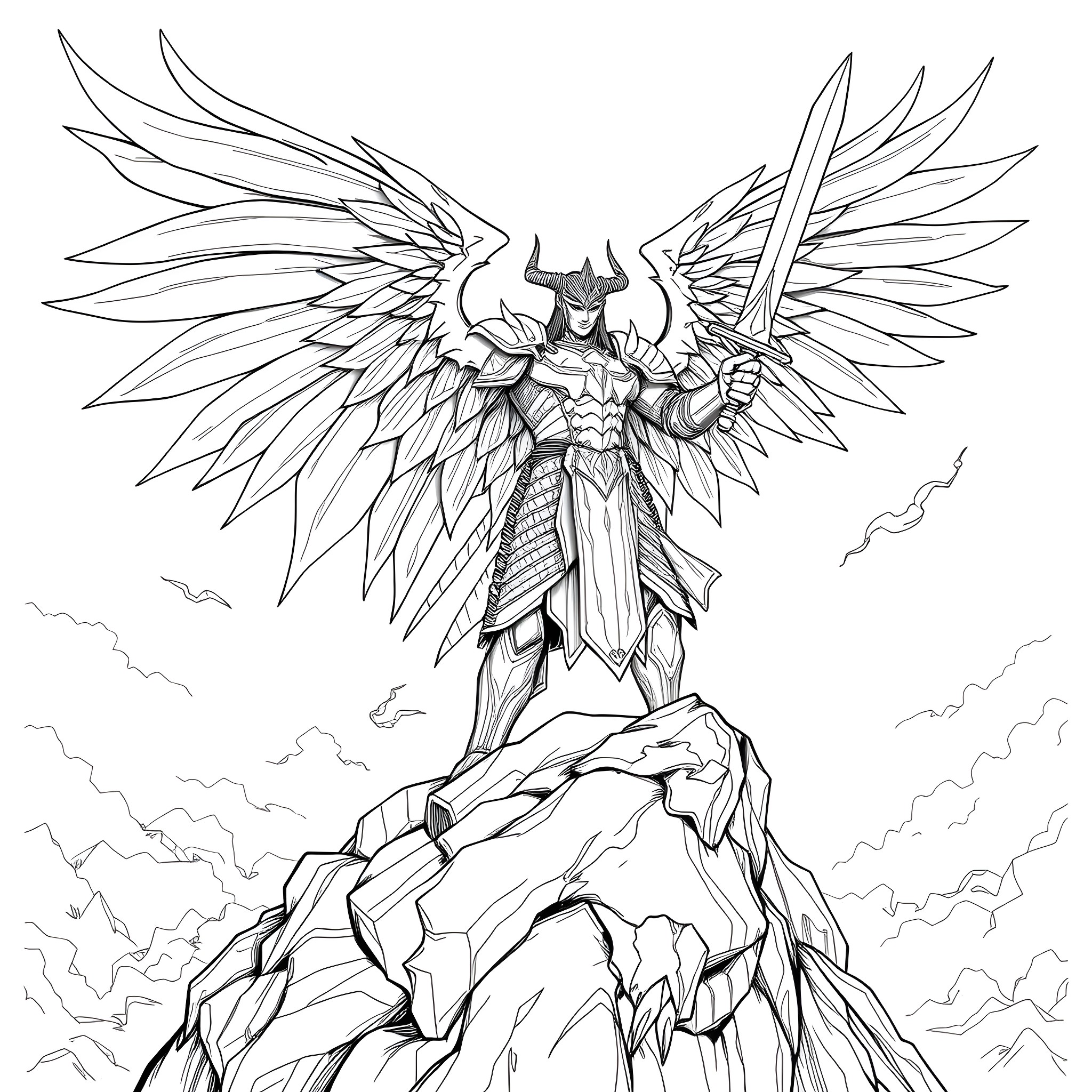 Angel Warrior Standing Atop a Rocky Cliff Coloring Page (free black-and-white line drawing printable PDF for all, from beginners to advanced learners, including children, teens, adults, and seniors)