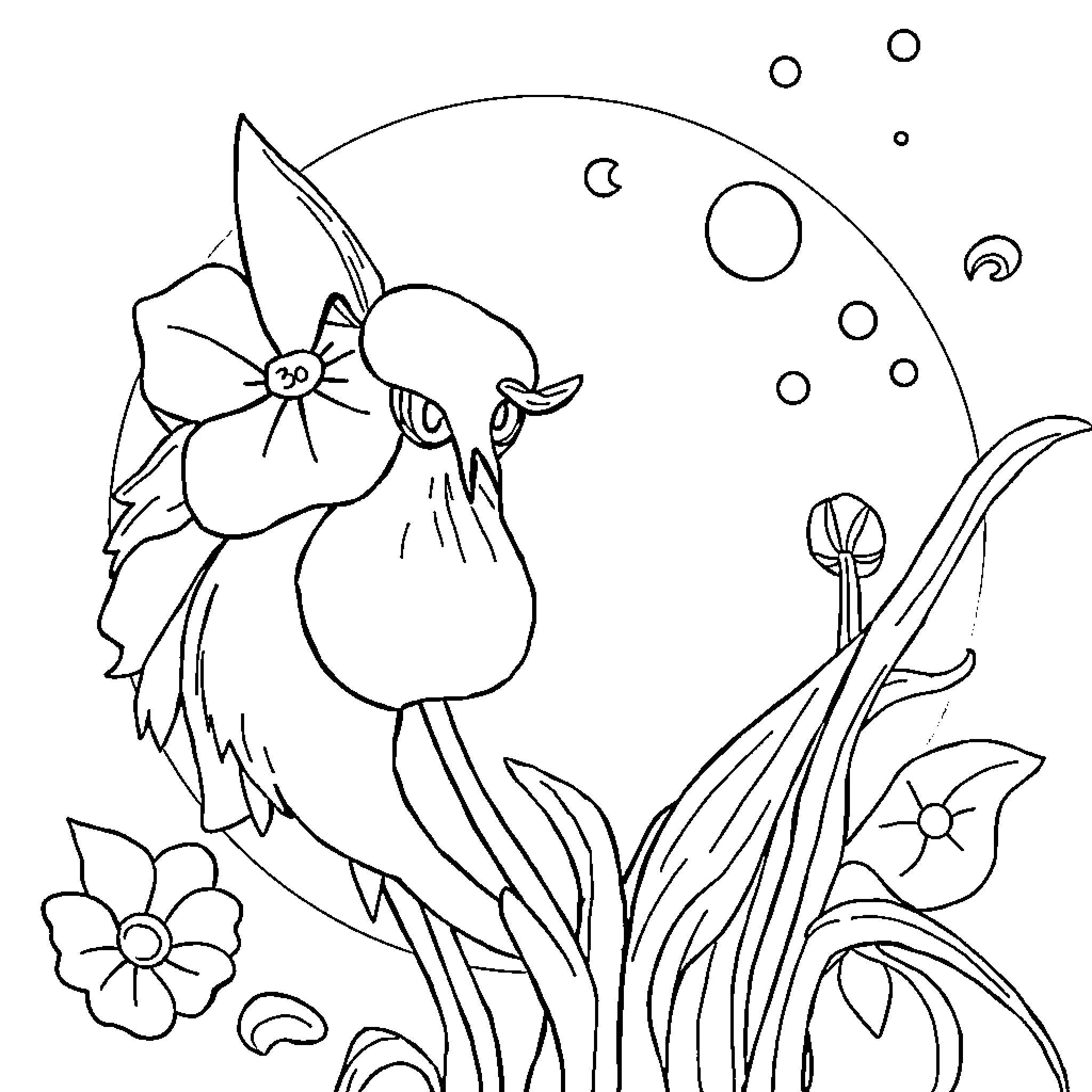The Whimsical Floral Arrangement with Celestial Elements Coloring Page (free black-and-white line drawing printable PDF for all, from beginners to advanced learners, including children, teens, adults, and seniors)