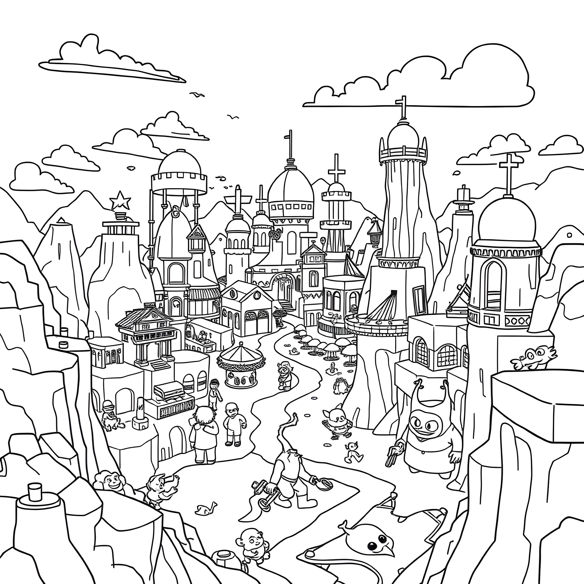 Roblox Animated Cityscape with Characters Coloring Page (free black-and-white line drawing printable PDF for all, from beginners to advanced learners, including children, teens, adults, and seniors)