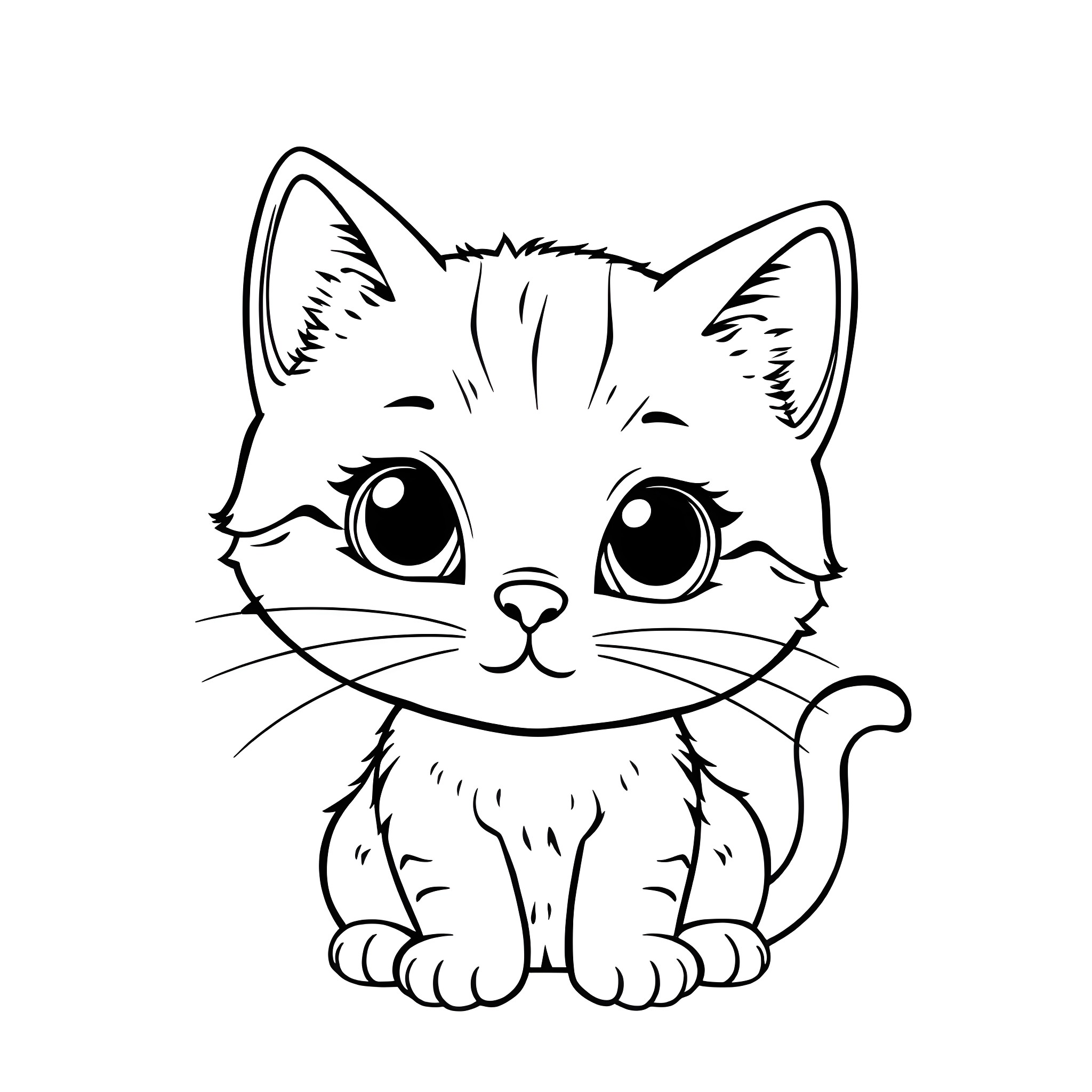 Cat with big eyes and cute expression Coloring Page (free black-and-white line drawing printable PDF for all, from beginners to advanced learners, including children, teens, adults, and seniors)