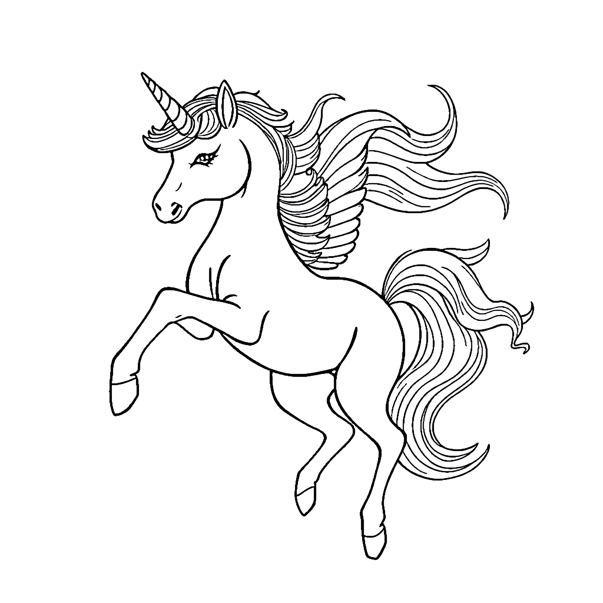 Unicorn galloping with flowing mane Coloring Page (free black-and-white line drawing printable PDF for all, from beginners to advanced learners, including children, teens, adults, and seniors)