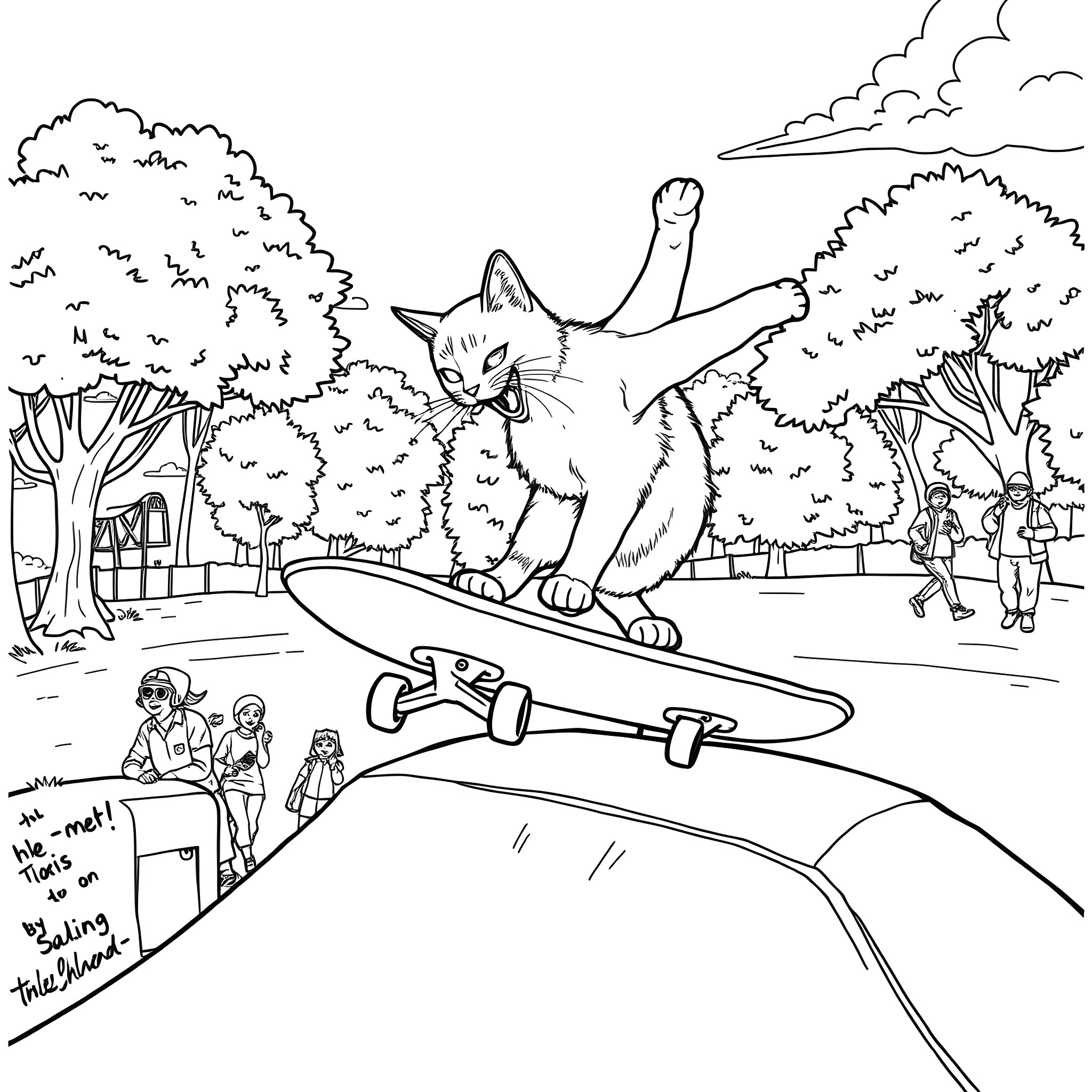 Siamese Cat riding a skateboard in the park Coloring Page (free black-and-white line drawing printable PDF for all, from beginners to advanced learners, including children, teens, adults, and seniors)