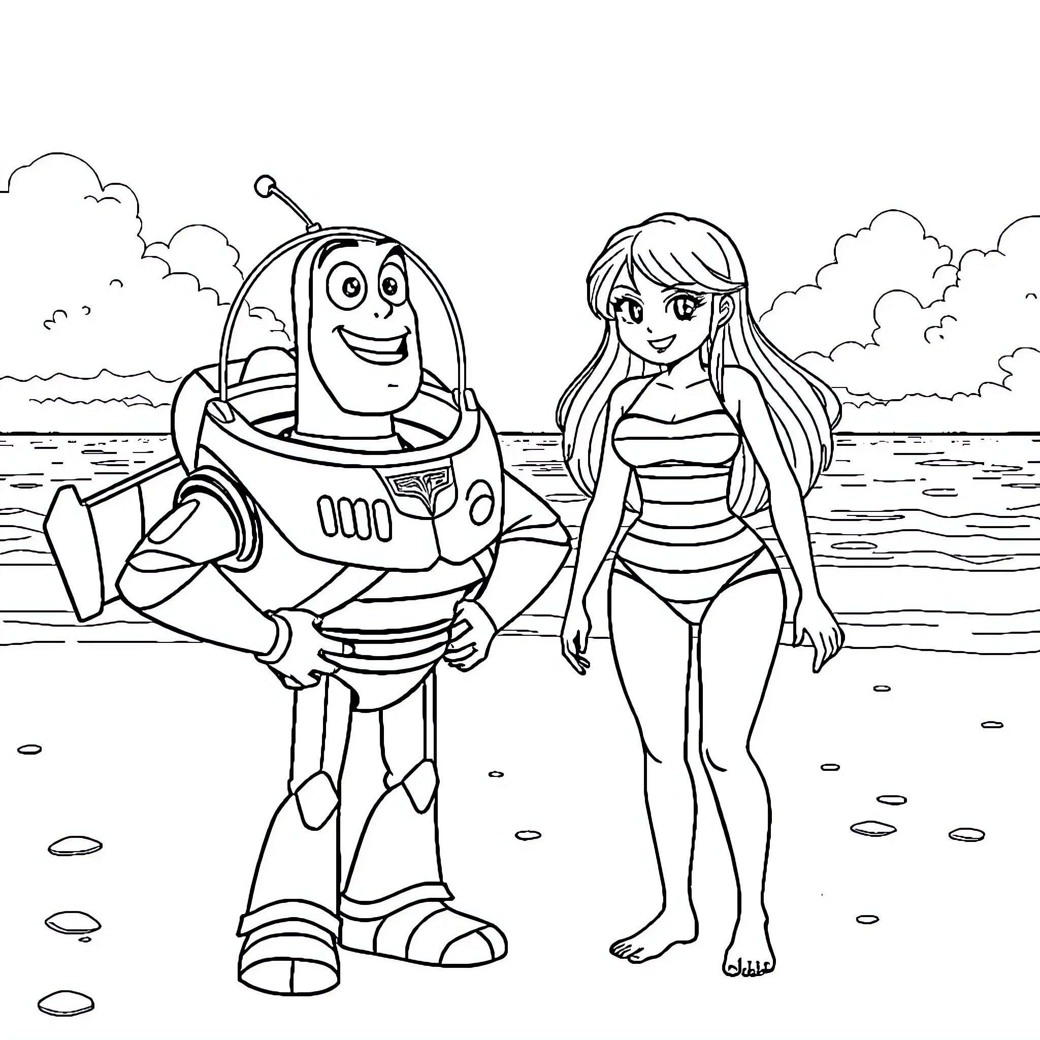 Buzz Lightyear and girl enjoy summer beach day Coloring Page (free black-and-white line drawing printable PDF for all, from beginners to advanced learners, including children, teens, adults, and seniors)