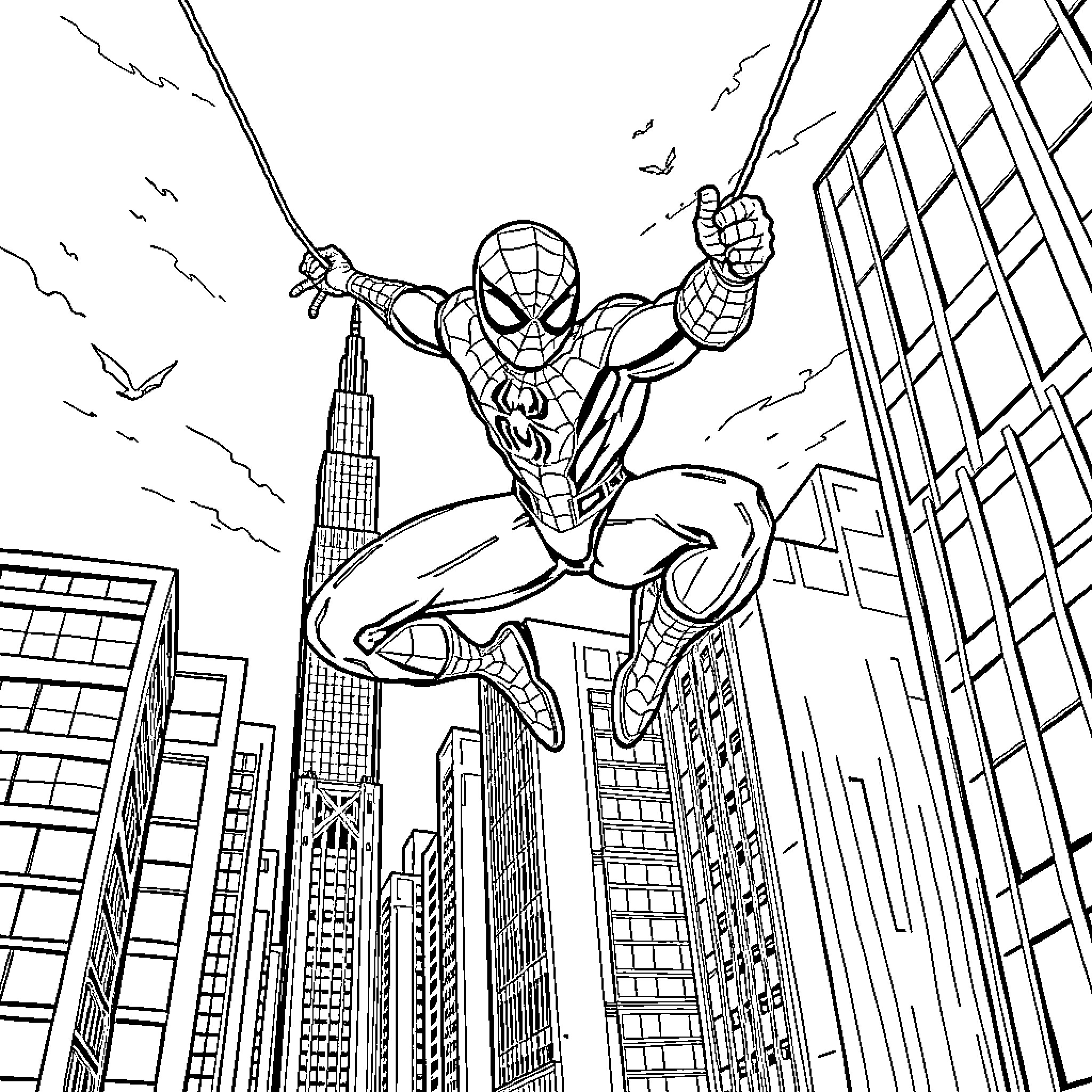 Spiderman swinging through the skyscrapers Coloring Page (free black-and-white line drawing printable PDF for all, from beginners to advanced learners, including children, teens, adults, and seniors)