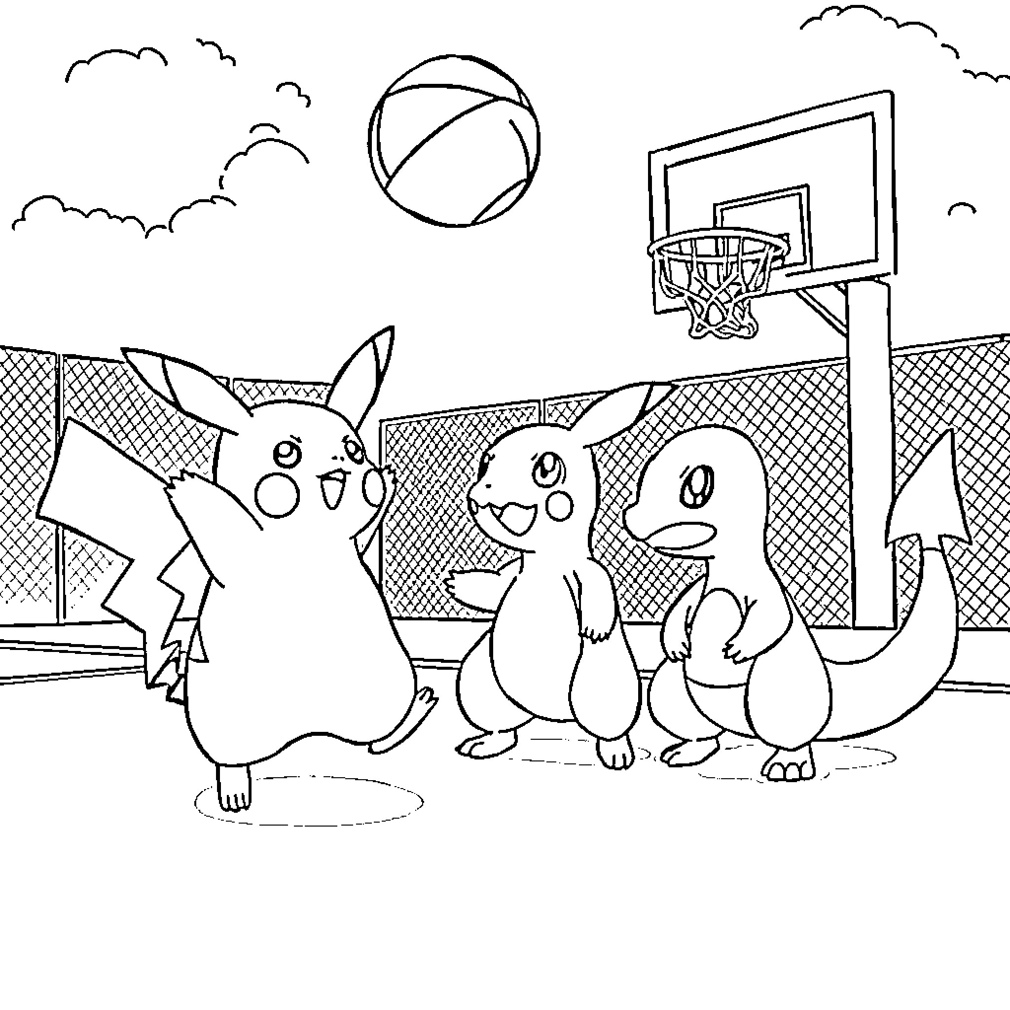 Pikachu and Pokemon friends playing basketball Coloring Page (free black-and-white line drawing printable PDF for all, from beginners to advanced learners, including children, teens, adults, and seniors)