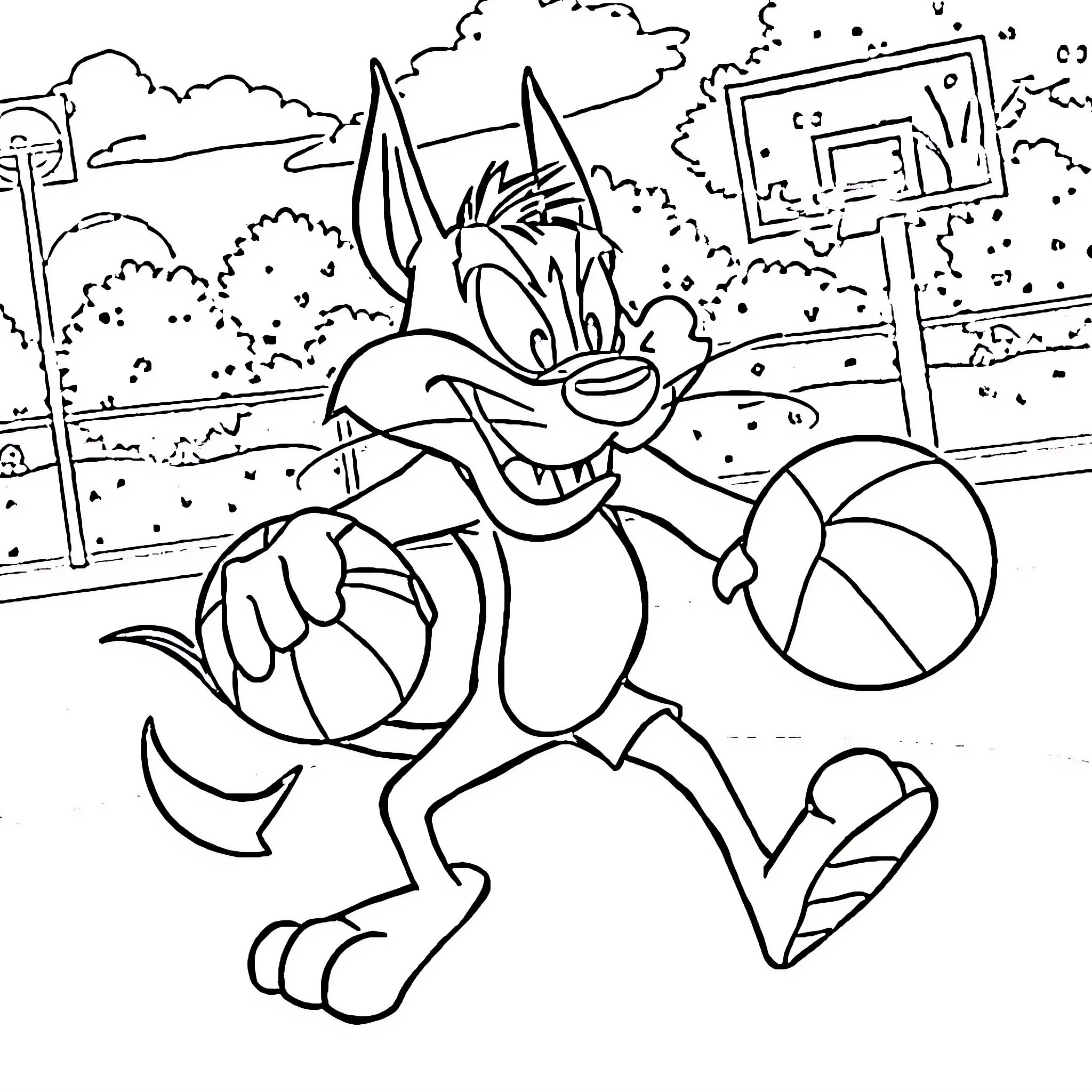 Tasmanian Devil playing with basketball in the park Coloring Page (free black-and-white line drawing printable PDF for all, from beginners to advanced learners, including children, teens, adults, and seniors)