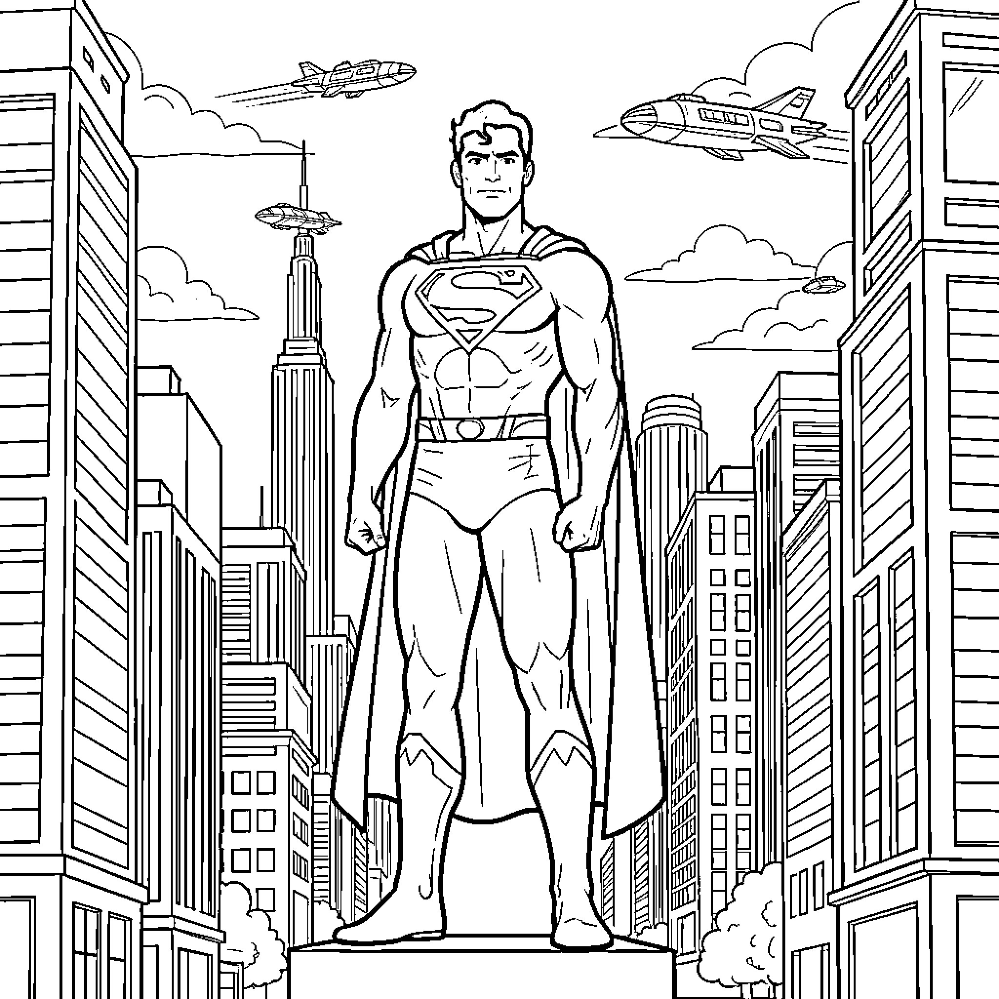 Superman standing heroically amidst a busy city skyline Coloring Page (free black-and-white line drawing printable PDF for all, from beginners to advanced learners, including children, teens, adults, and seniors)