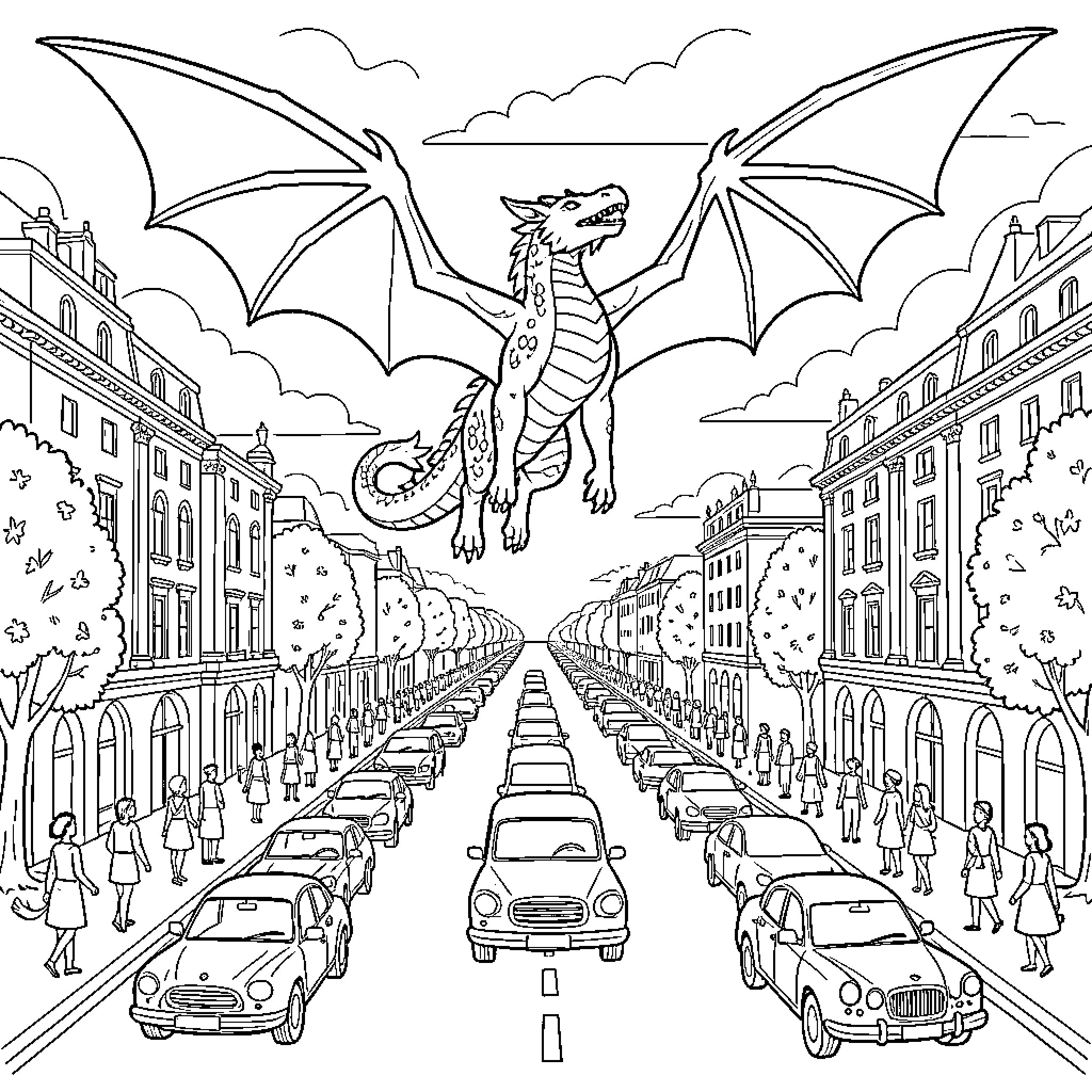 Dragon flying over a busy city street Coloring Page (free black-and-white line drawing printable PDF for all, from beginners to advanced learners, including children, teens, adults, and seniors)