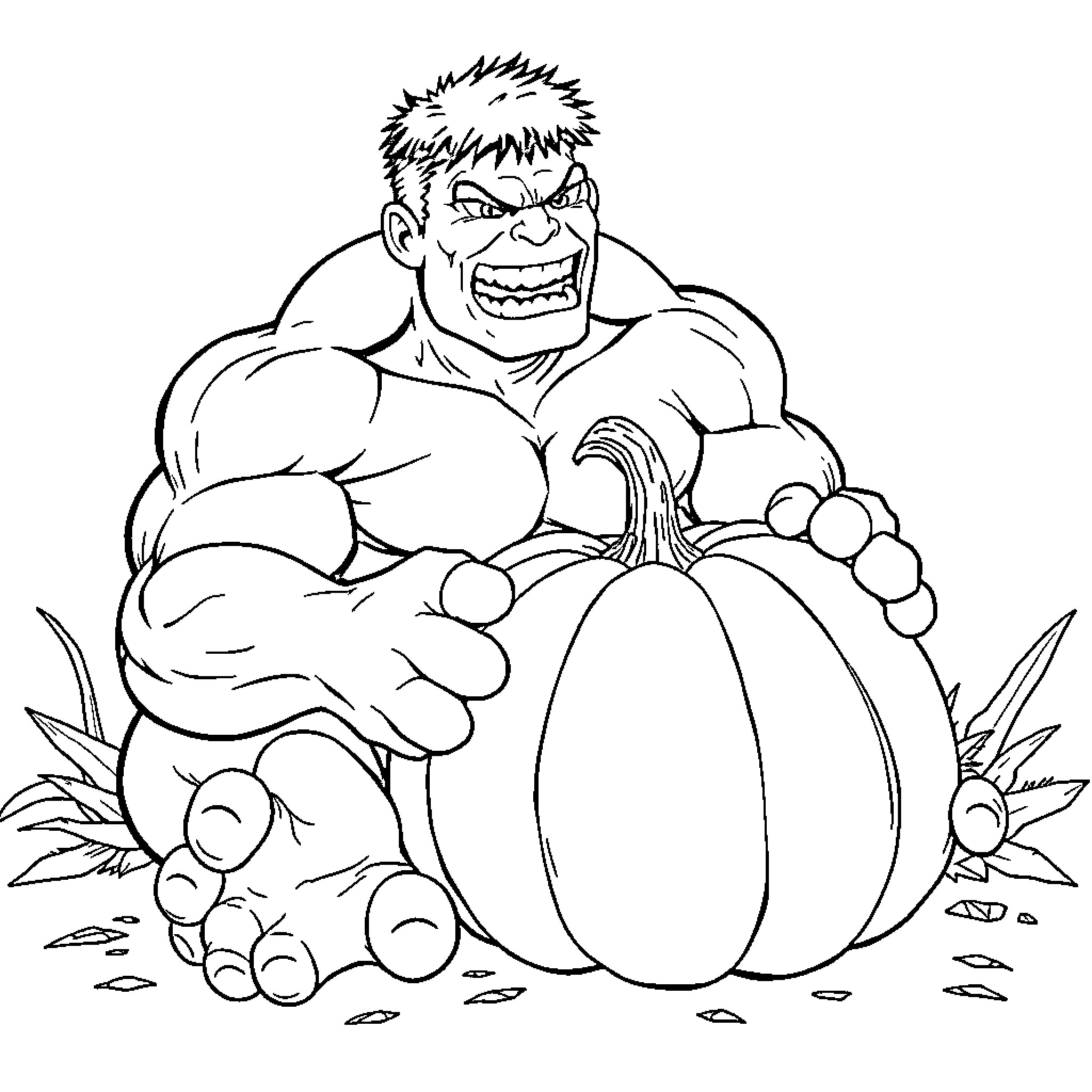 Hulk Smashing through Pumpkin Patch Coloring Page (free black-and-white line drawing printable PDF for all, from beginners to advanced learners, including children, teens, adults, and seniors)