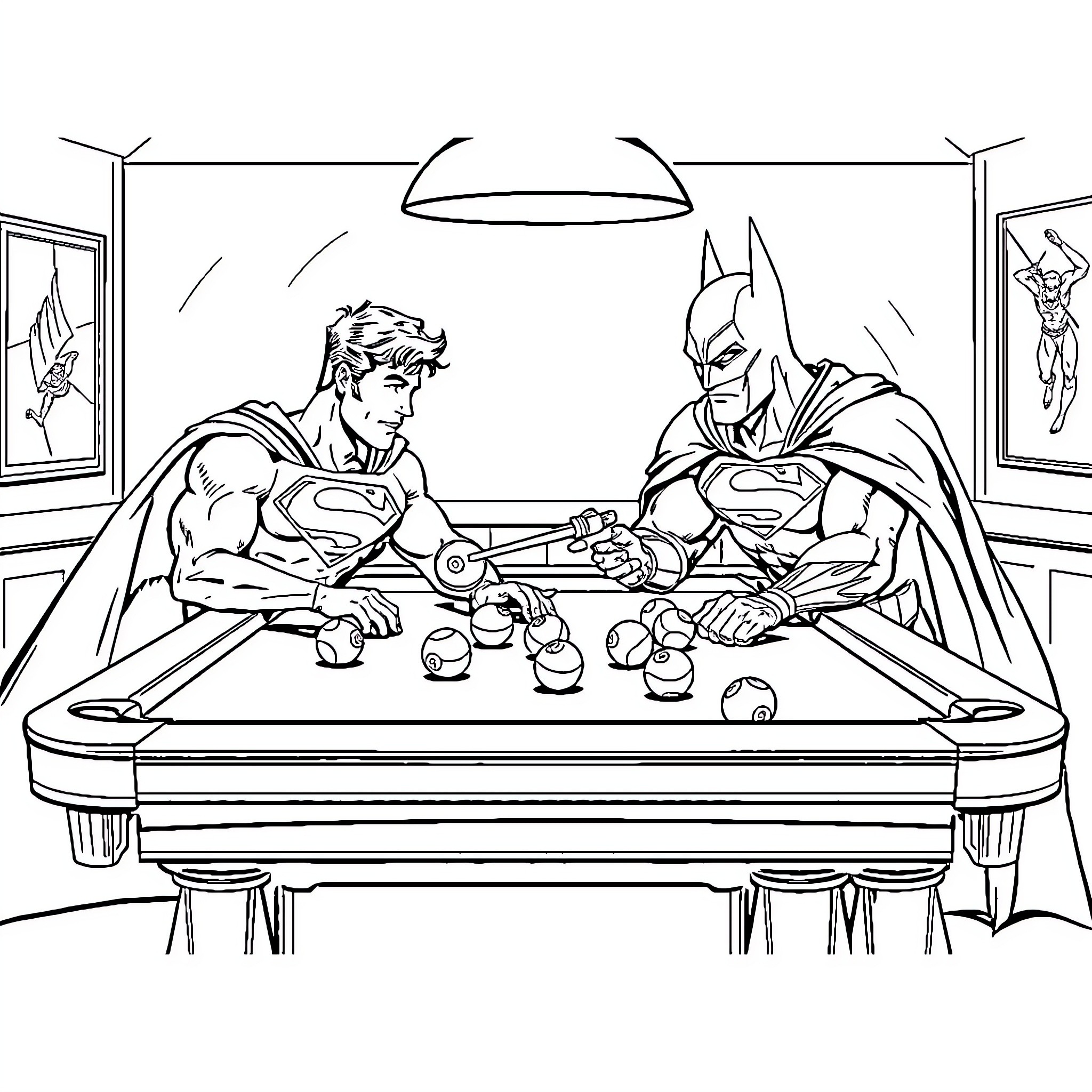 Superman and Batman playing pool together Coloring Page (free black-and-white line drawing printable PDF for all, from beginners to advanced learners, including children, teens, adults, and seniors)