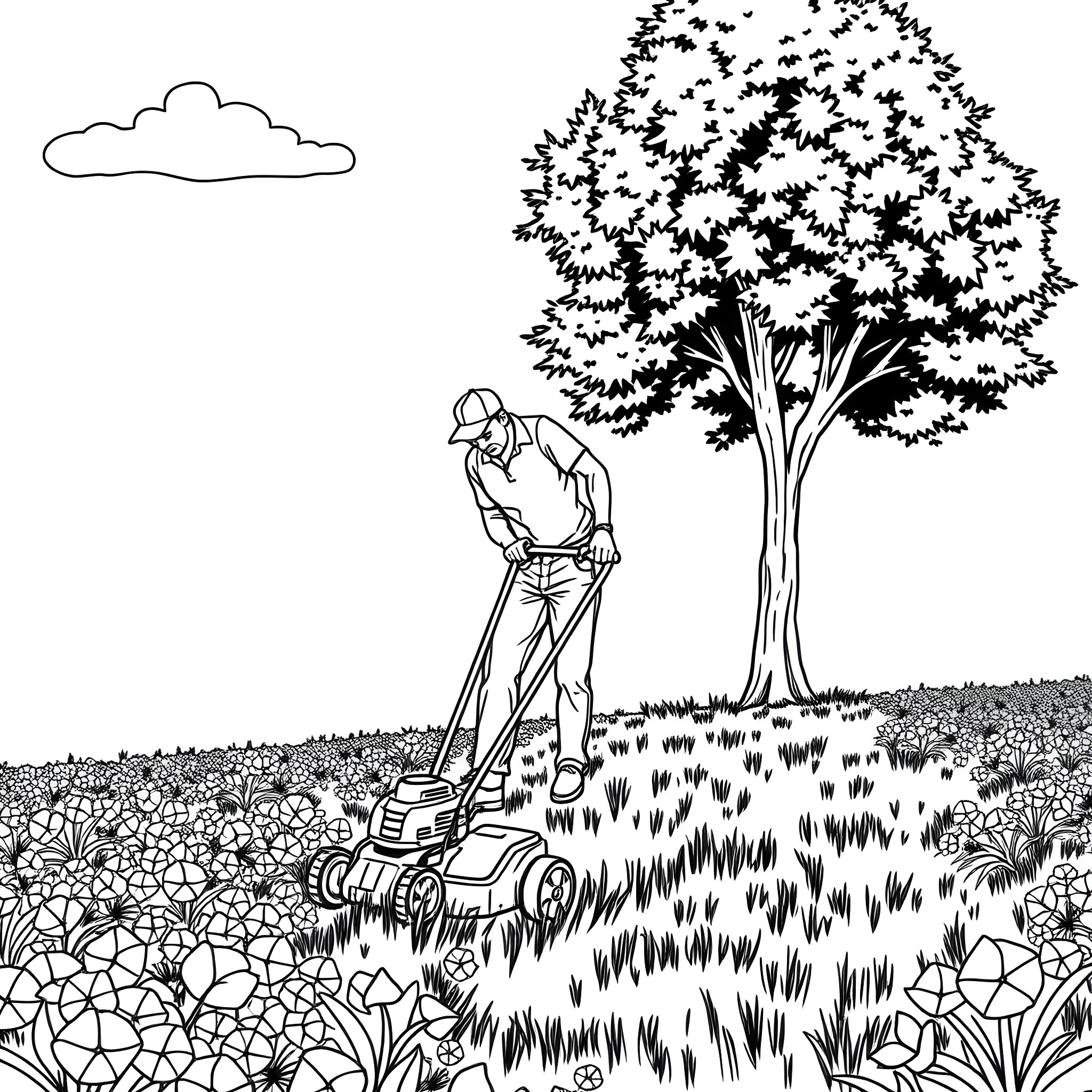 Man mowing the lawn under a tree Coloring Page (free black-and-white line drawing printable PDF for all, from beginners to advanced learners, including children, teens, adults, and seniors)