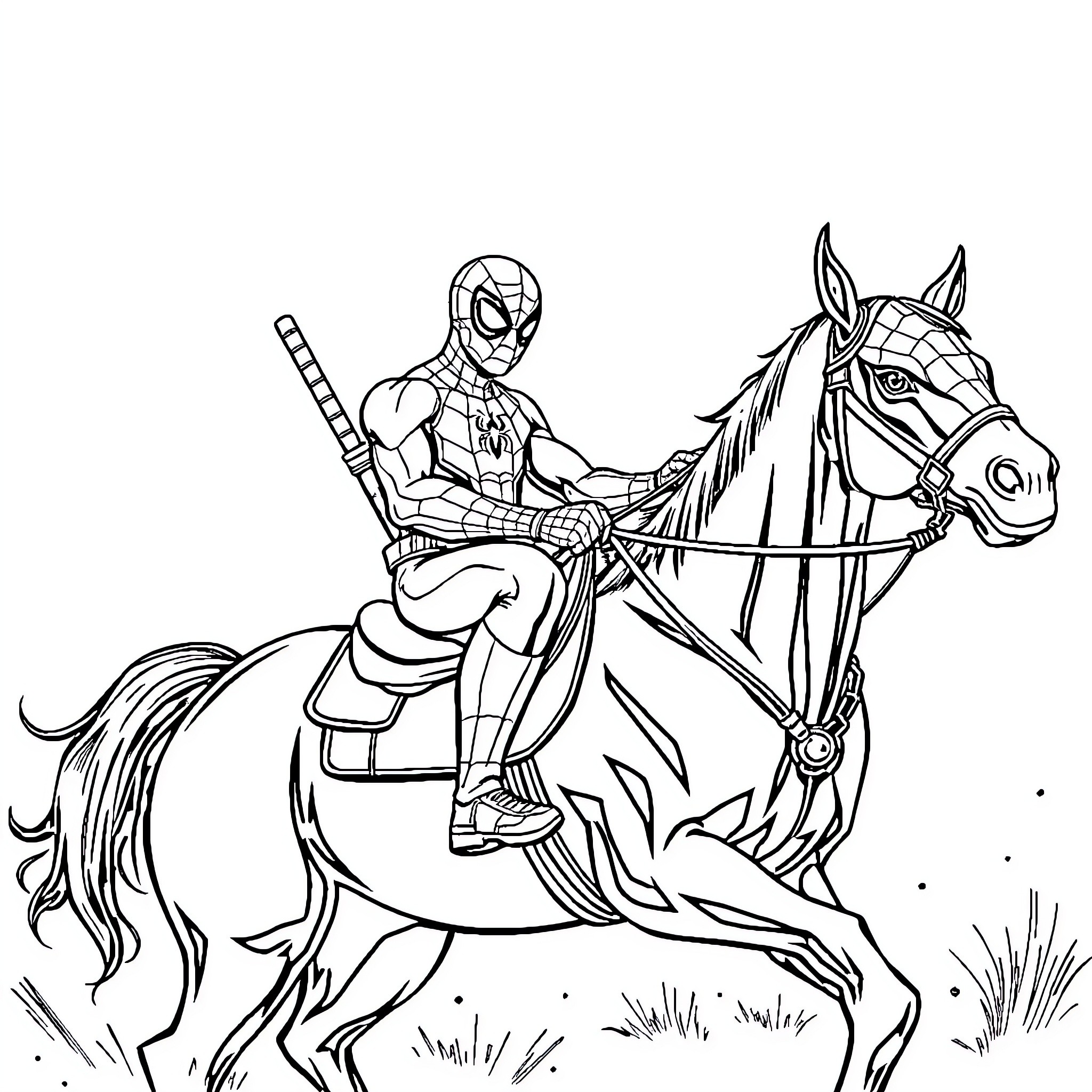 Spiderman riding a horse through the countryside Coloring Page (free black-and-white line drawing printable PDF for all, from beginners to advanced learners, including children, teens, adults, and seniors)