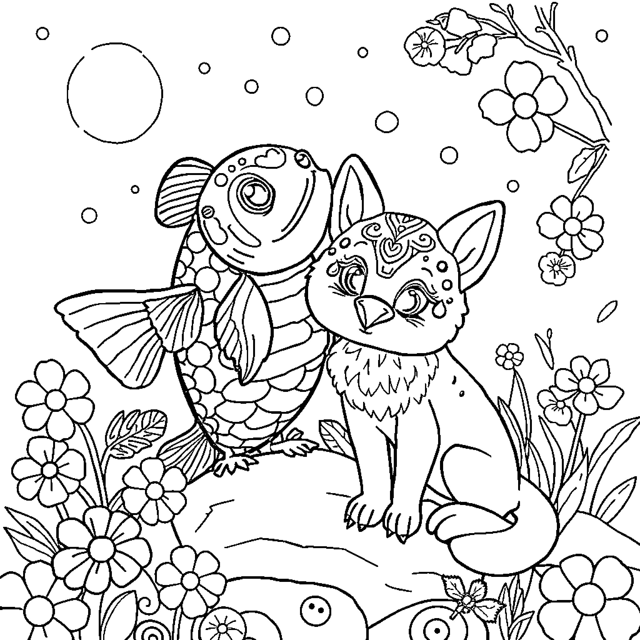 Elephant with floral design in garden setting Coloring Page (free black-and-white line drawing printable PDF for all, from beginners to advanced learners, including children, teens, adults, and seniors)