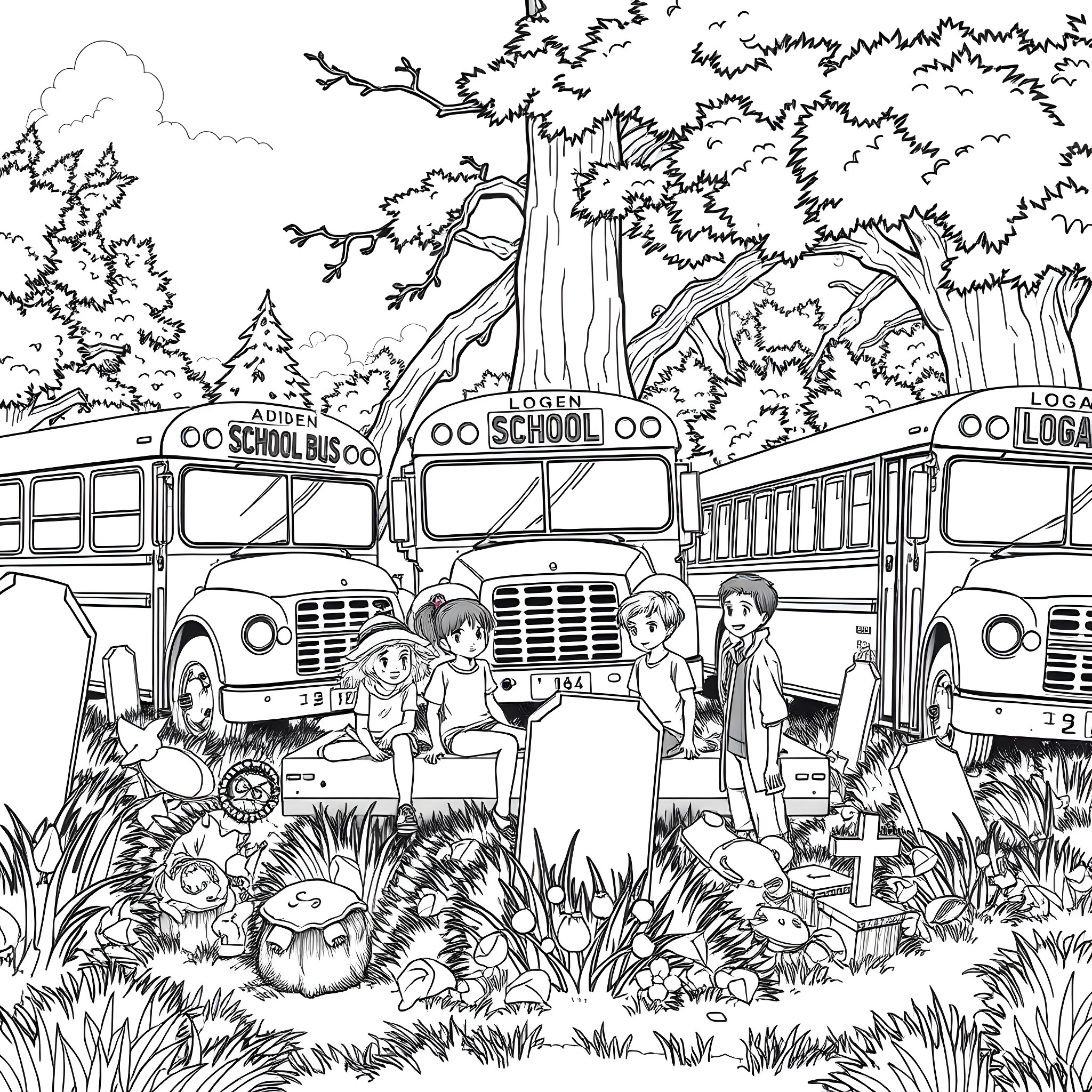 Bus Taking Students to School in Forest Scene Coloring Page (free black-and-white line drawing printable PDF for all, from beginners to advanced learners, including children, teens, adults, and seniors)