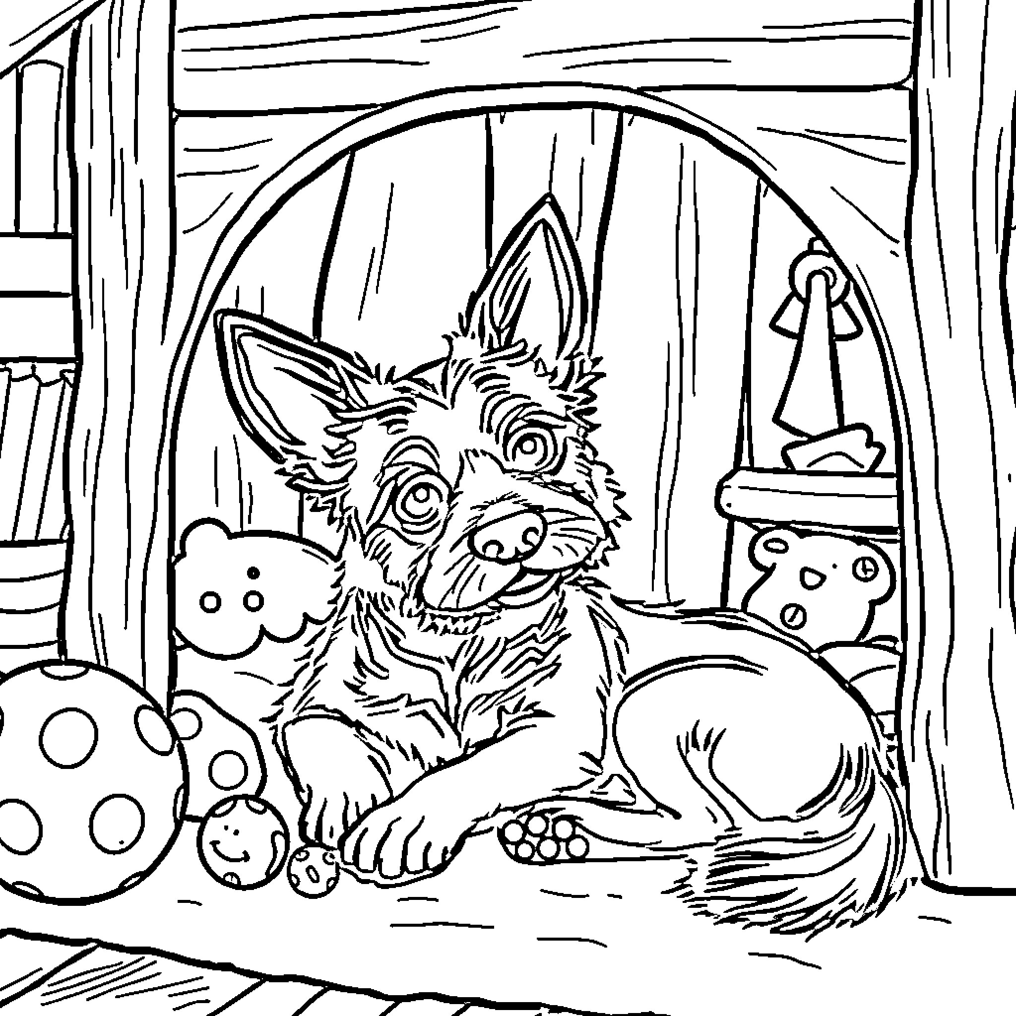 Dog sitting inside a cozy home Coloring Page (free black-and-white line drawing printable PDF for all, from beginners to advanced learners, including children, teens, adults, and seniors)
