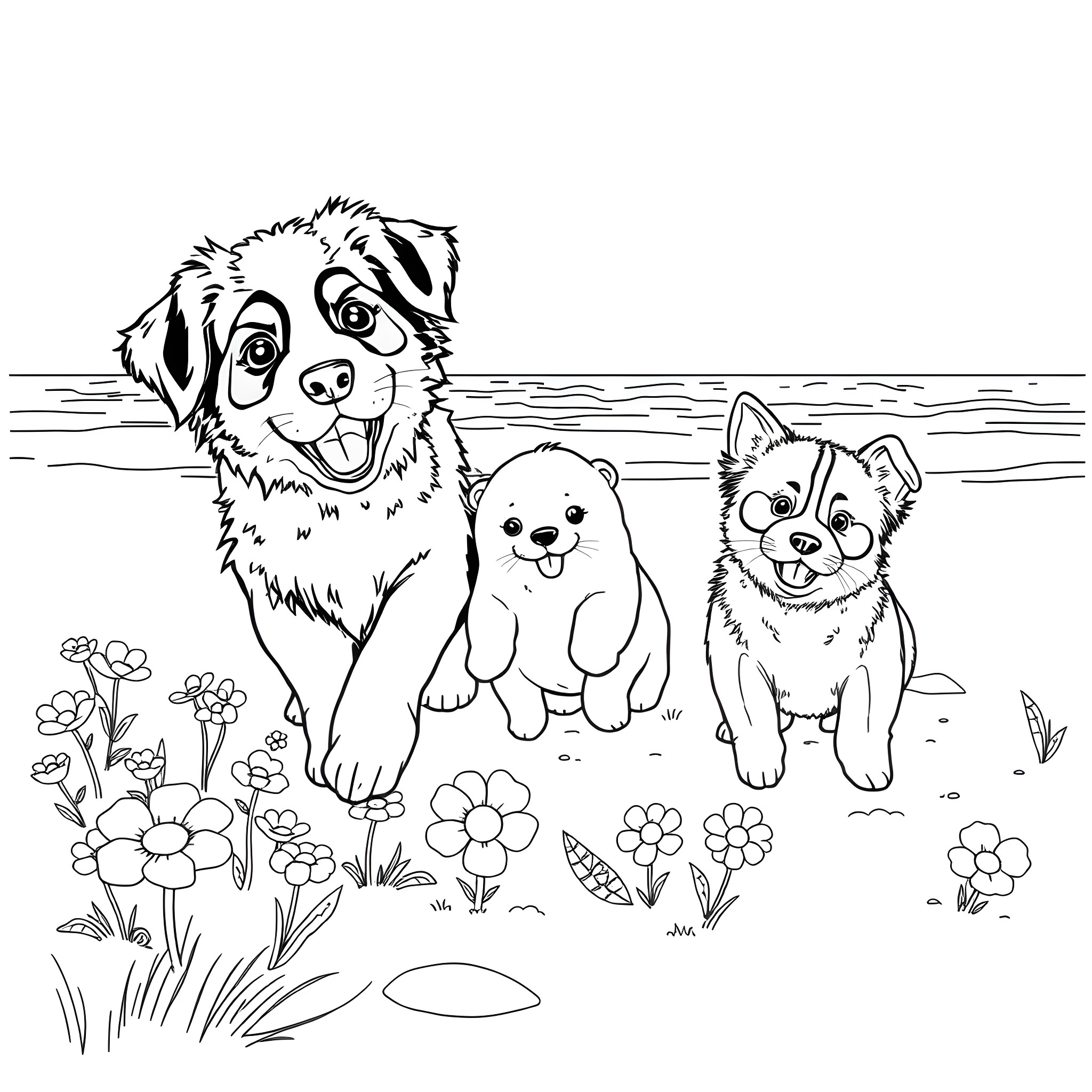 Dog Trio Frolicking in a Flower-Filled Field Coloring Page (free black-and-white line drawing printable PDF for all, from beginners to advanced learners, including children, teens, adults, and seniors)