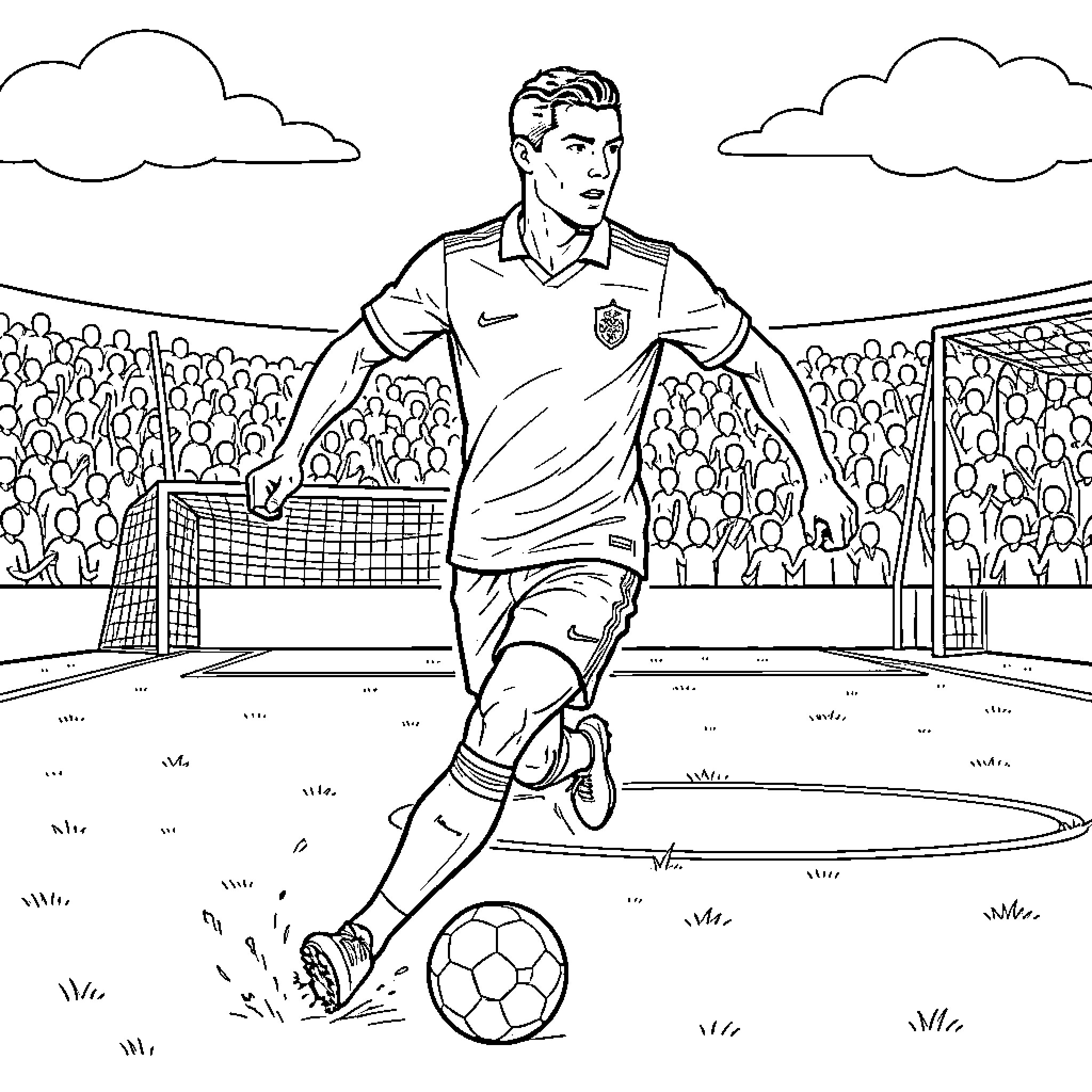 Ronaldo dribbling a soccer ball in a stadium Coloring Page (free black-and-white line drawing printable PDF for all, from beginners to advanced learners, including children, teens, adults, and seniors)