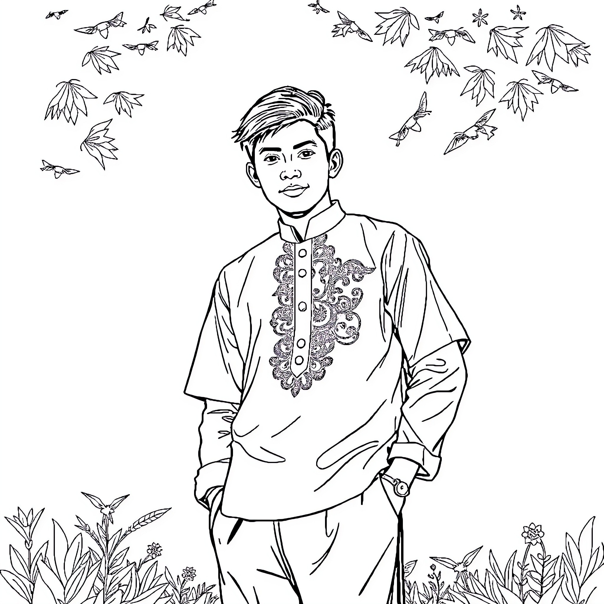 Man in traditional outfit amid fall foliage Coloring Page (free black-and-white line drawing printable PDF for all, from beginners to advanced learners, including children, teens, adults, and seniors)