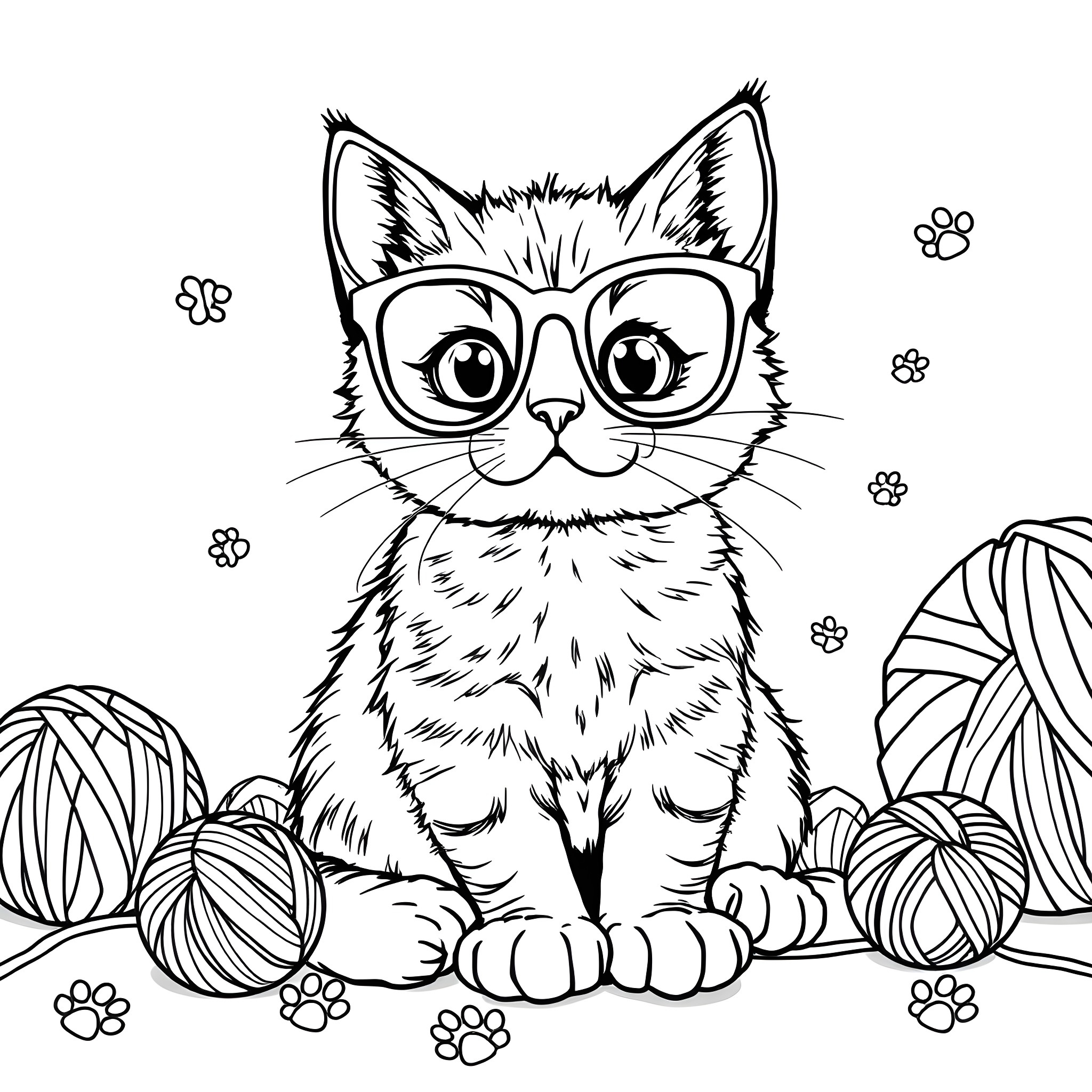 Kitty wearing glasses playing among yarn balls Coloring Page (free black-and-white line drawing printable PDF for all, from beginners to advanced learners, including children, teens, adults, and seniors)