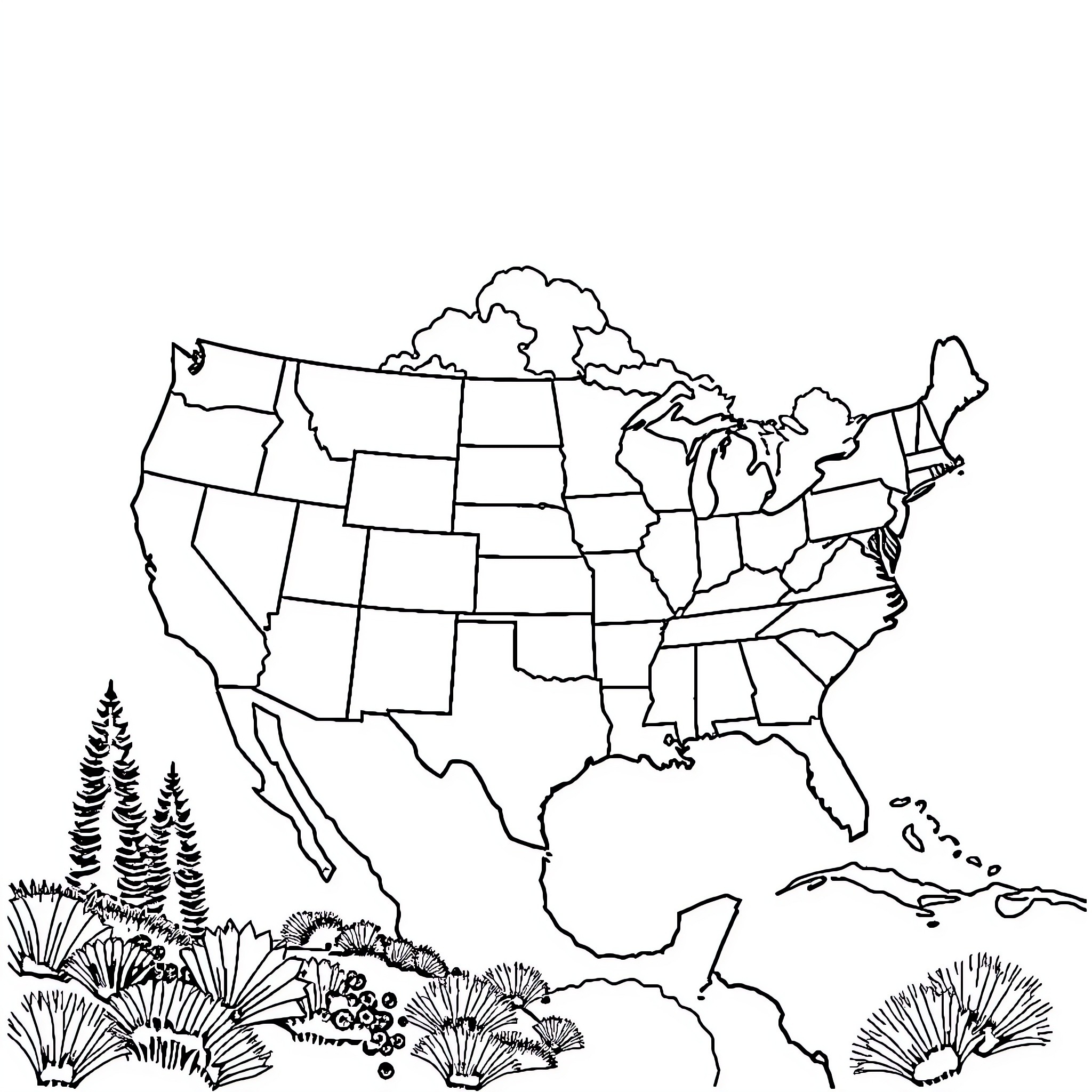 America's Diverse Landscapes and Regions Coloring Page (free black-and-white line drawing printable PDF for all, from beginners to advanced learners, including children, teens, adults, and seniors)