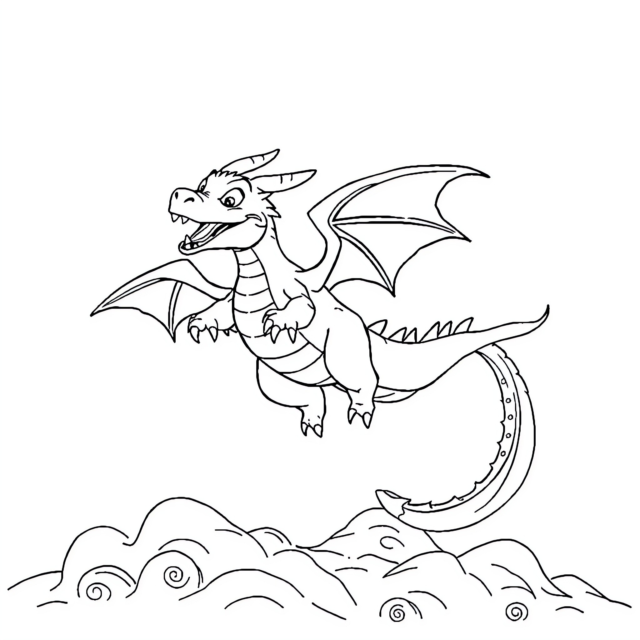 Dragon soaring through the clouds Coloring Page (free black-and-white line drawing printable PDF for all, from beginners to advanced learners, including children, teens, adults, and seniors)