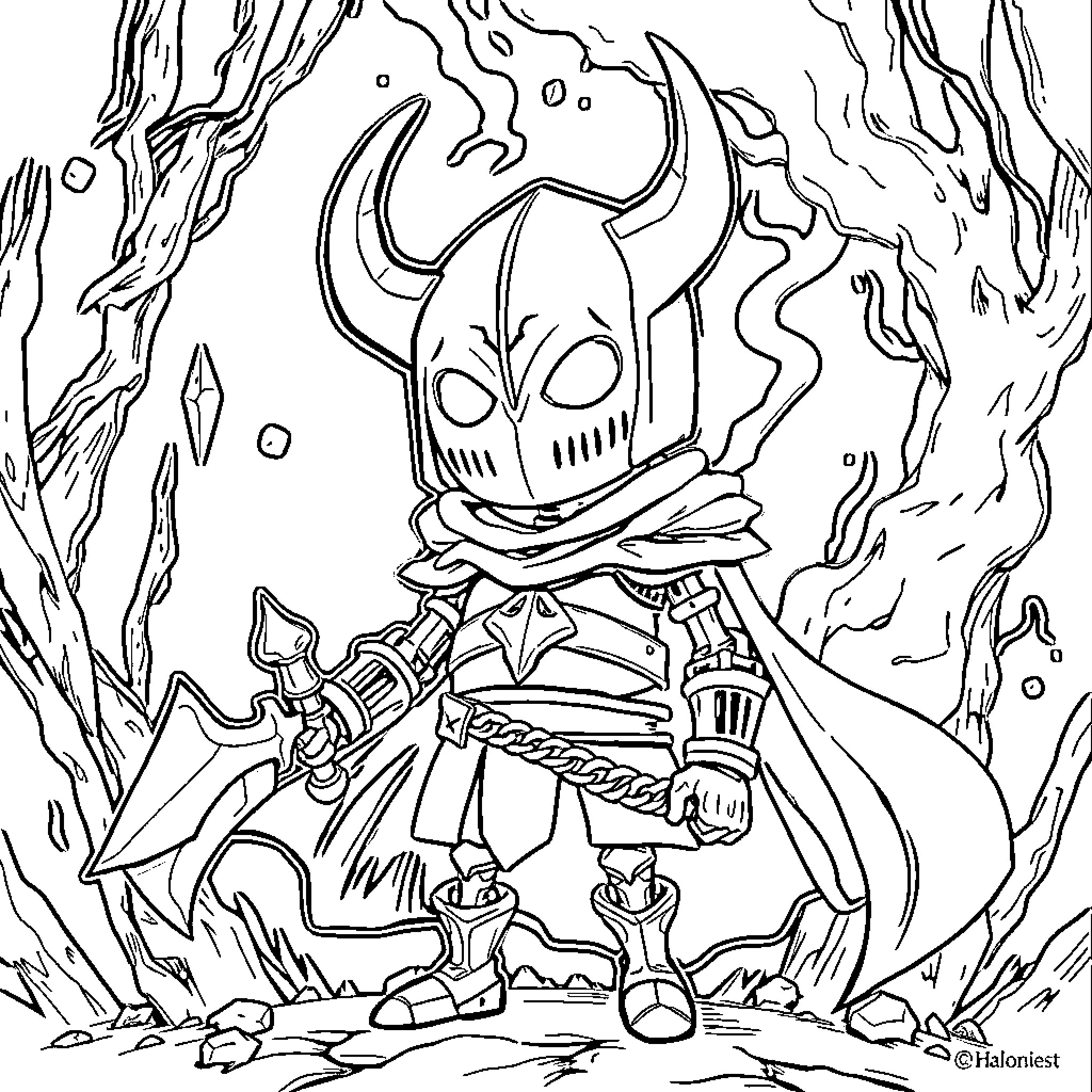 Hollow Knight traversing through a perilous environment Coloring Page (free black-and-white line drawing printable PDF for all, from beginners to advanced learners, including children, teens, adults, and seniors)
