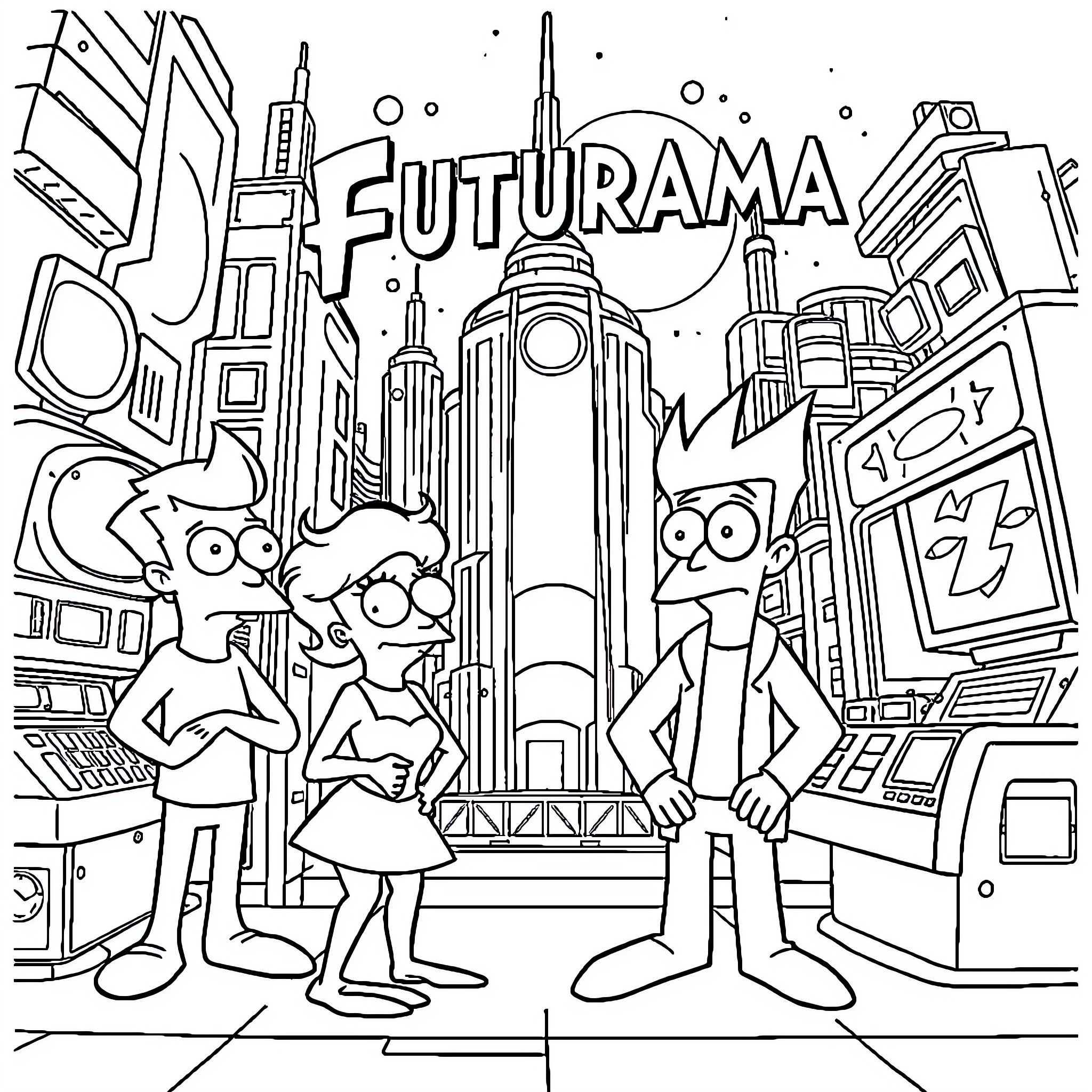 Futurama: Whimsical Sci-Fi Characters in Cityscape Coloring Page (free black-and-white line drawing printable PDF for all, from beginners to advanced learners, including children, teens, adults, and seniors)