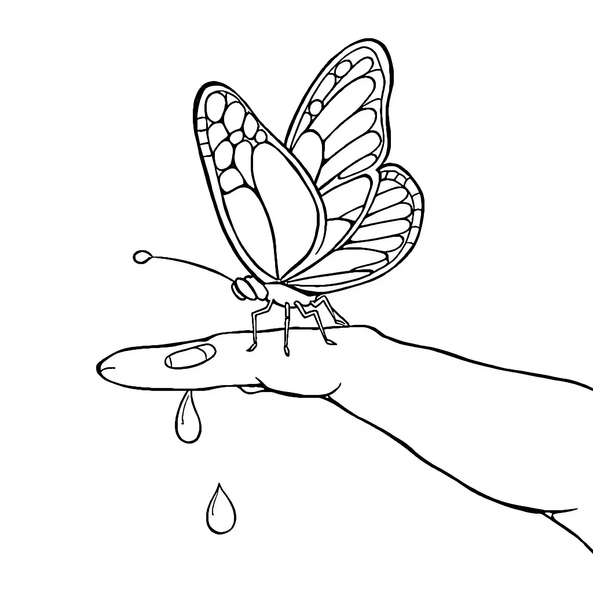 Butterfly resting on a hand Coloring Page (free black-and-white line drawing printable PDF for all, from beginners to advanced learners, including children, teens, adults, and seniors)