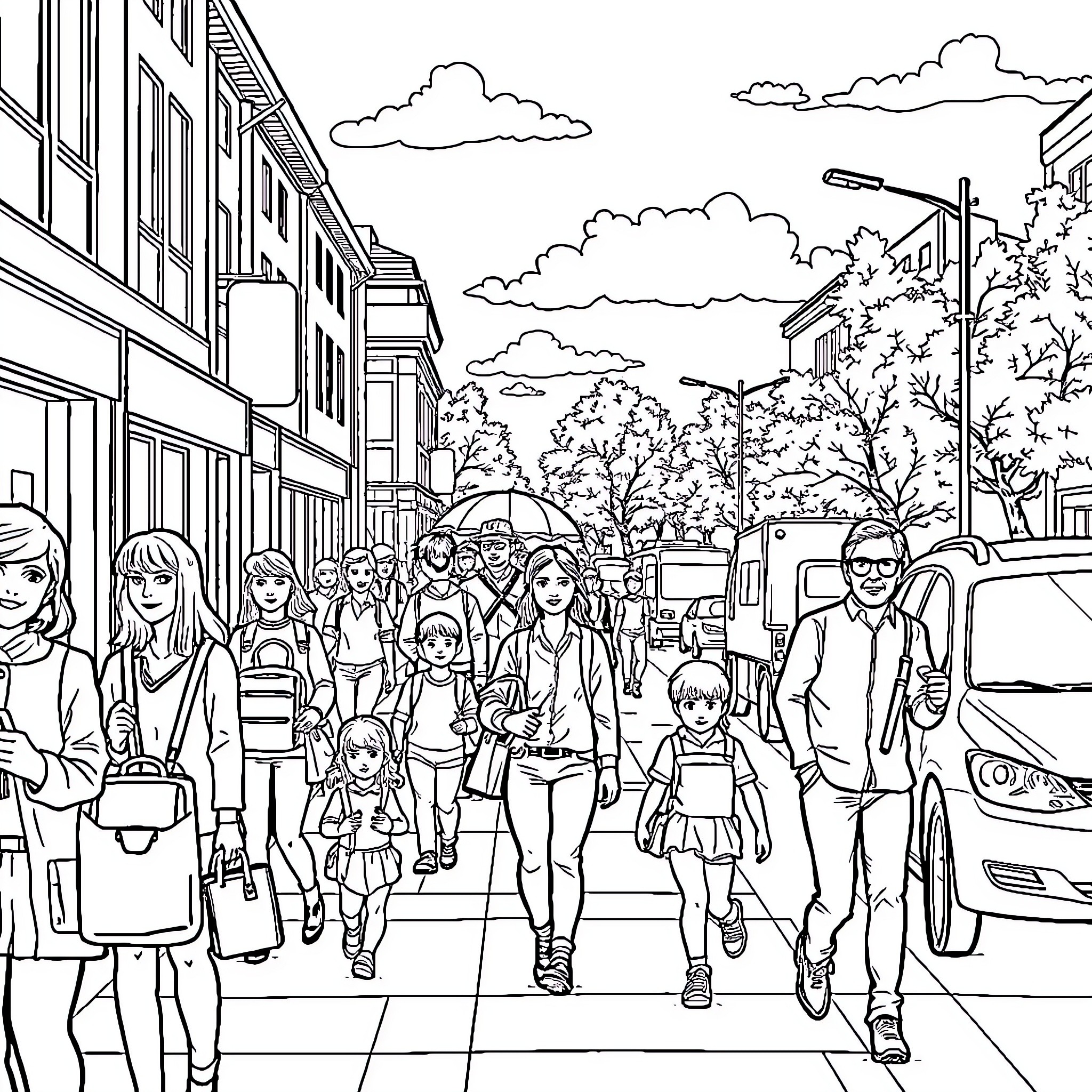 Wednesday Crowd Walking Through a Busy City Street Coloring Page (free black-and-white line drawing printable PDF for all, from beginners to advanced learners, including children, teens, adults, and seniors)