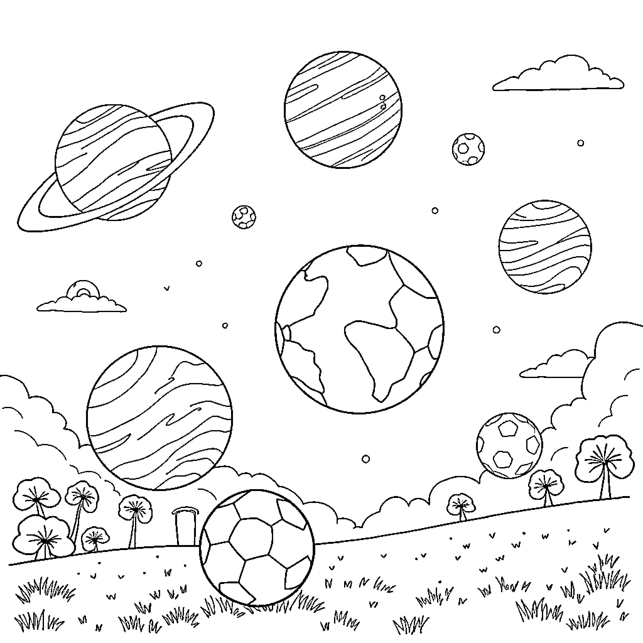 Planet soccer balls and celestial bodies in the field Coloring Page (free black-and-white line drawing printable PDF for all, from beginners to advanced learners, including children, teens, adults, and seniors)