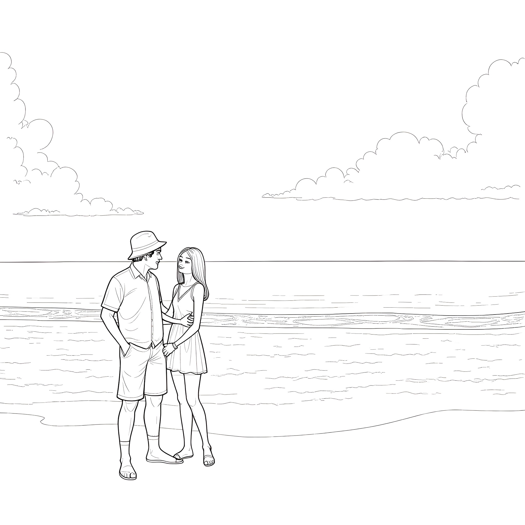 Man and woman standing together on the beach Coloring Page (free black-and-white line drawing printable PDF for all, from beginners to advanced learners, including children, teens, adults, and seniors)