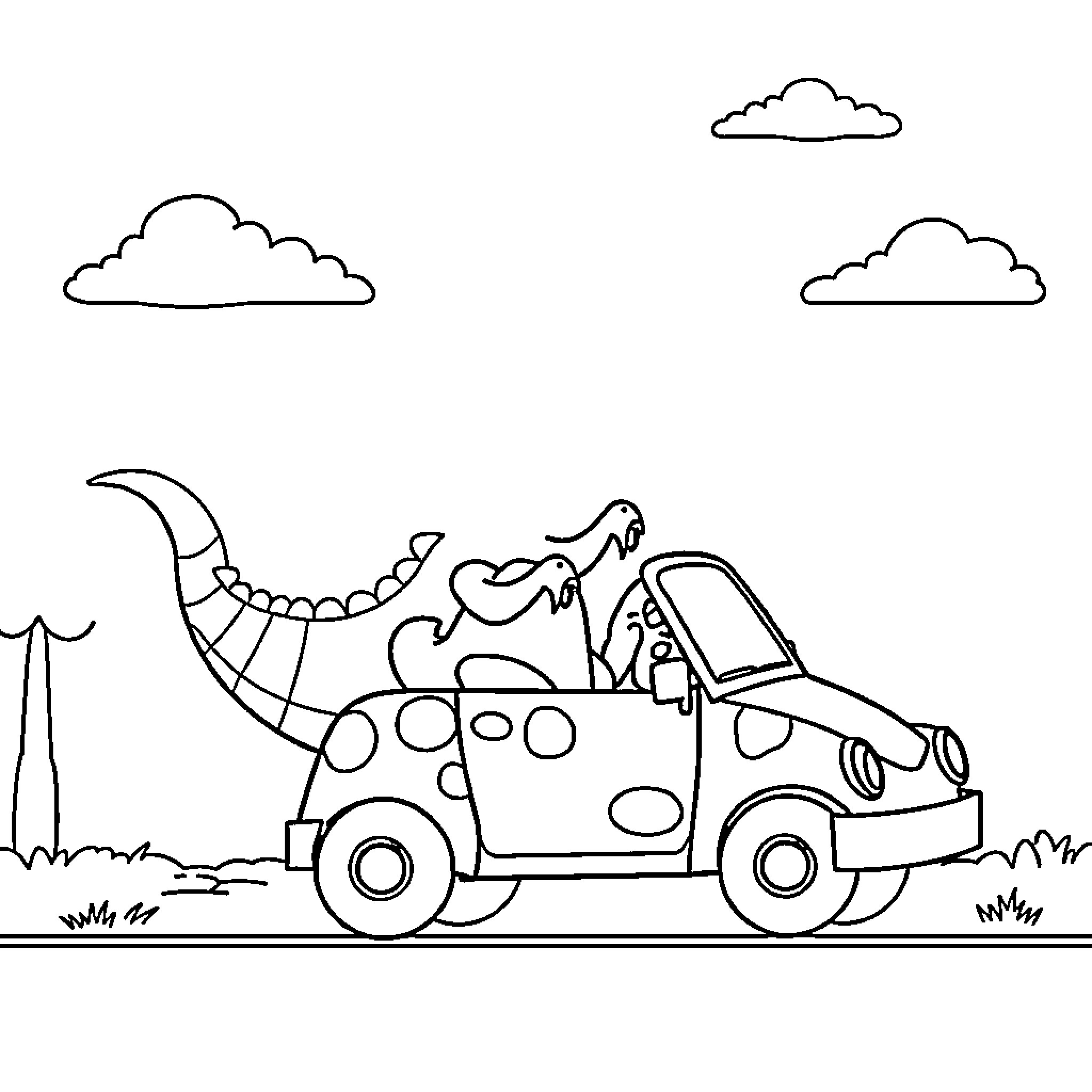 Dinosaur rides in a spotted car on the road Coloring Page (free black-and-white line drawing printable PDF for all, from beginners to advanced learners, including children, teens, adults, and seniors)