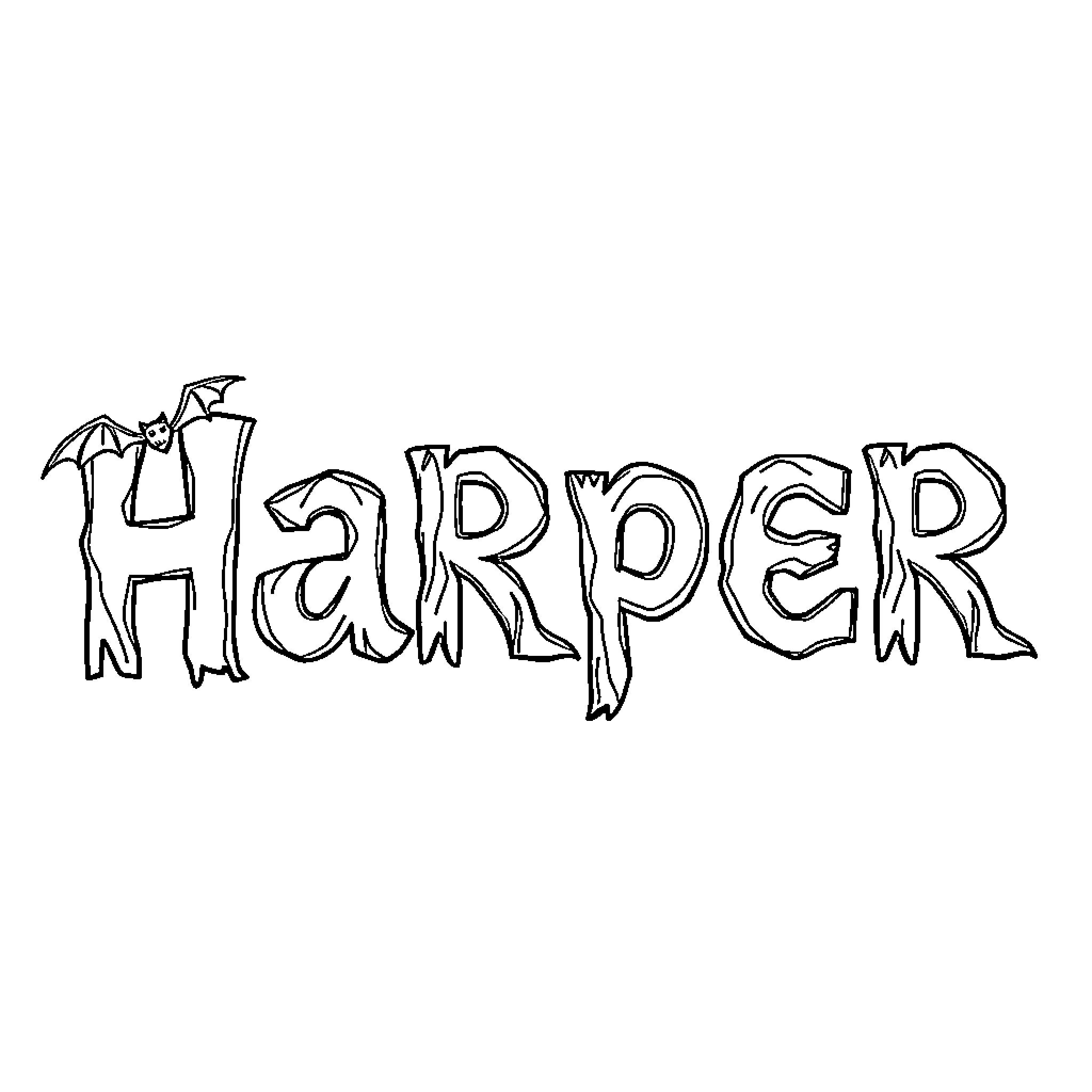 Harper's creative spooky typography Coloring Page (free black-and-white line drawing printable PDF for all, from beginners to advanced learners, including children, teens, adults, and seniors)