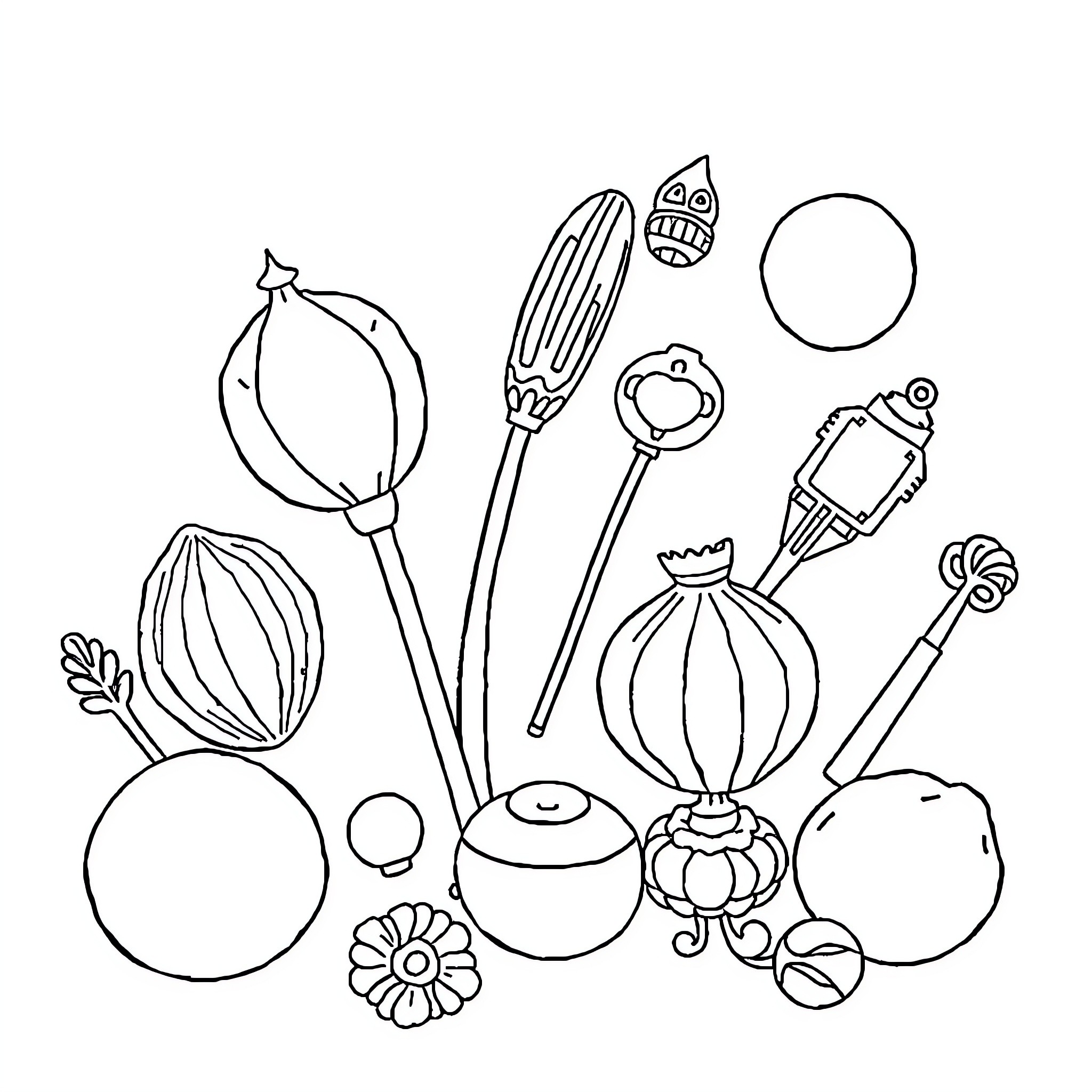 Outline of Various Kitchen and Cooking Utensils Coloring Page (free black-and-white line drawing printable PDF for all, from beginners to advanced learners, including children, teens, adults, and seniors)