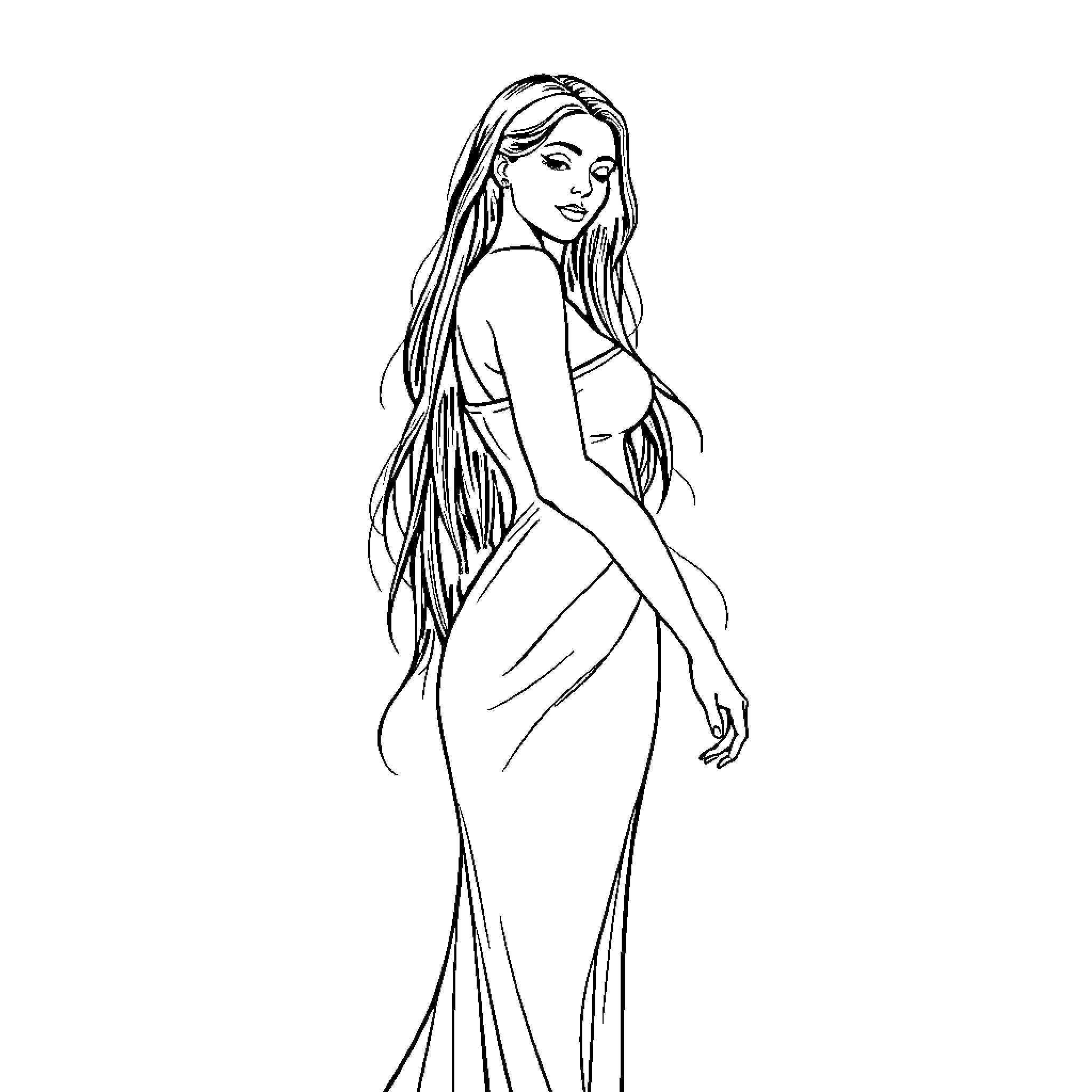 Woman in elegant evening dress posing gracefully Coloring Page (free black-and-white line drawing printable PDF for all, from beginners to advanced learners, including children, teens, adults, and seniors)