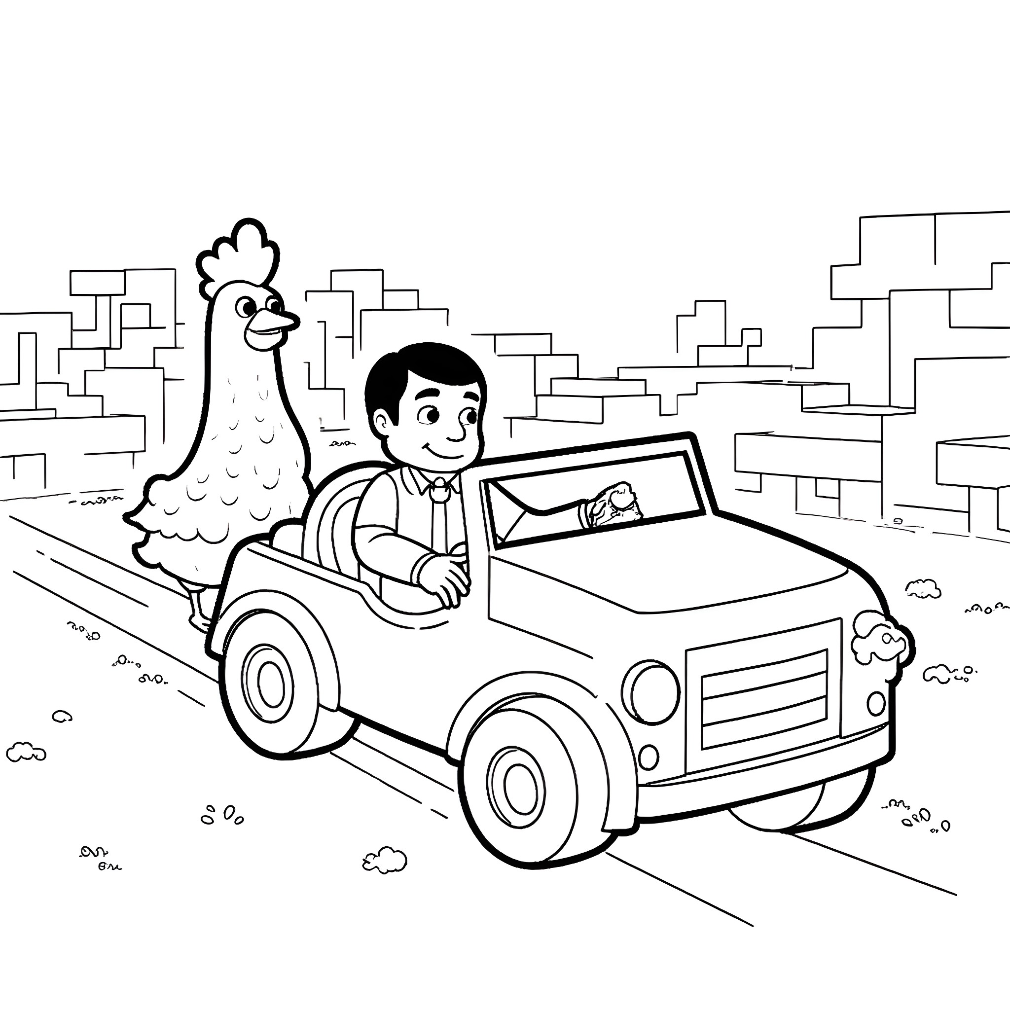 Mr Bean's Comical Driving Adventure with a Chicken Coloring Page (free black-and-white line drawing printable PDF for all, from beginners to advanced learners, including children, teens, adults, and seniors)