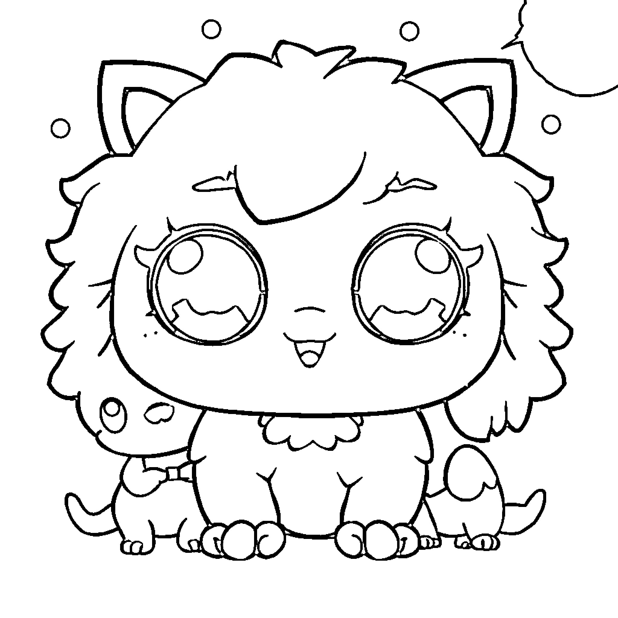 Kawaii Adorable Fluffy Kitten with Cute Eyes Coloring Page (free black-and-white line drawing printable PDF for all, from beginners to advanced learners, including children, teens, adults, and seniors)