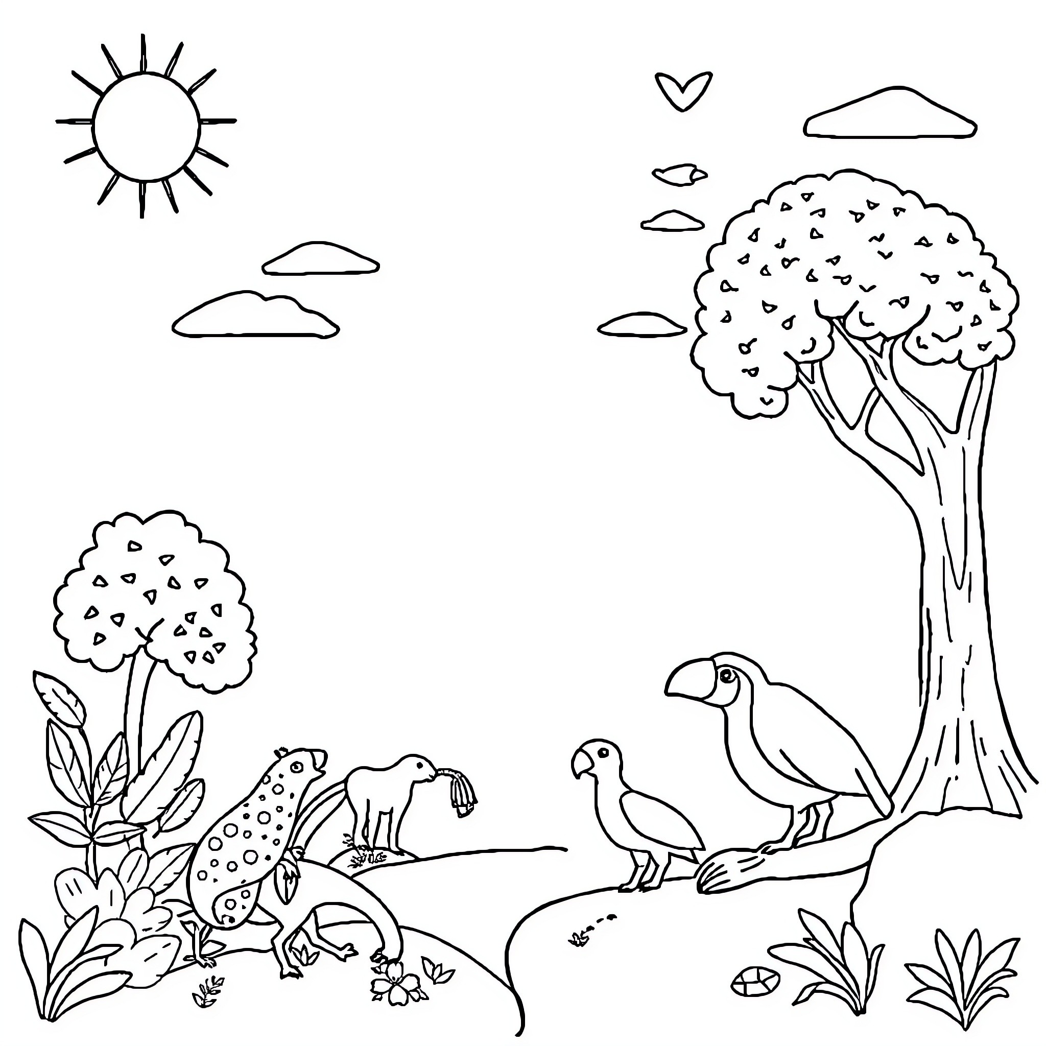 Element of Nature and Wildlife Illustration Coloring Page (free black-and-white line drawing printable PDF for all, from beginners to advanced learners, including children, teens, adults, and seniors)
