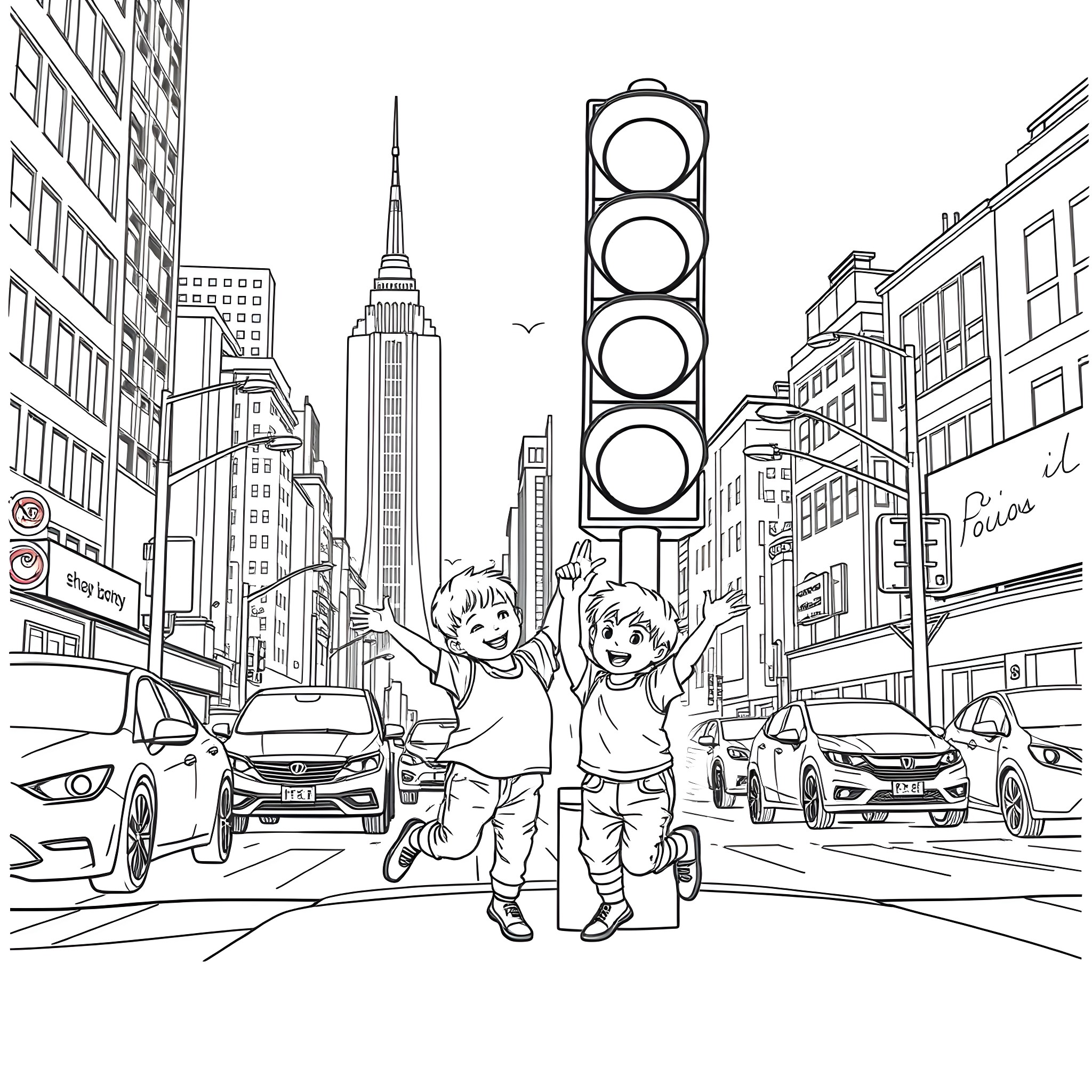Toddlers exploring the bustling city streets Coloring Page (free black-and-white line drawing printable PDF for all, from beginners to advanced learners, including children, teens, adults, and seniors)