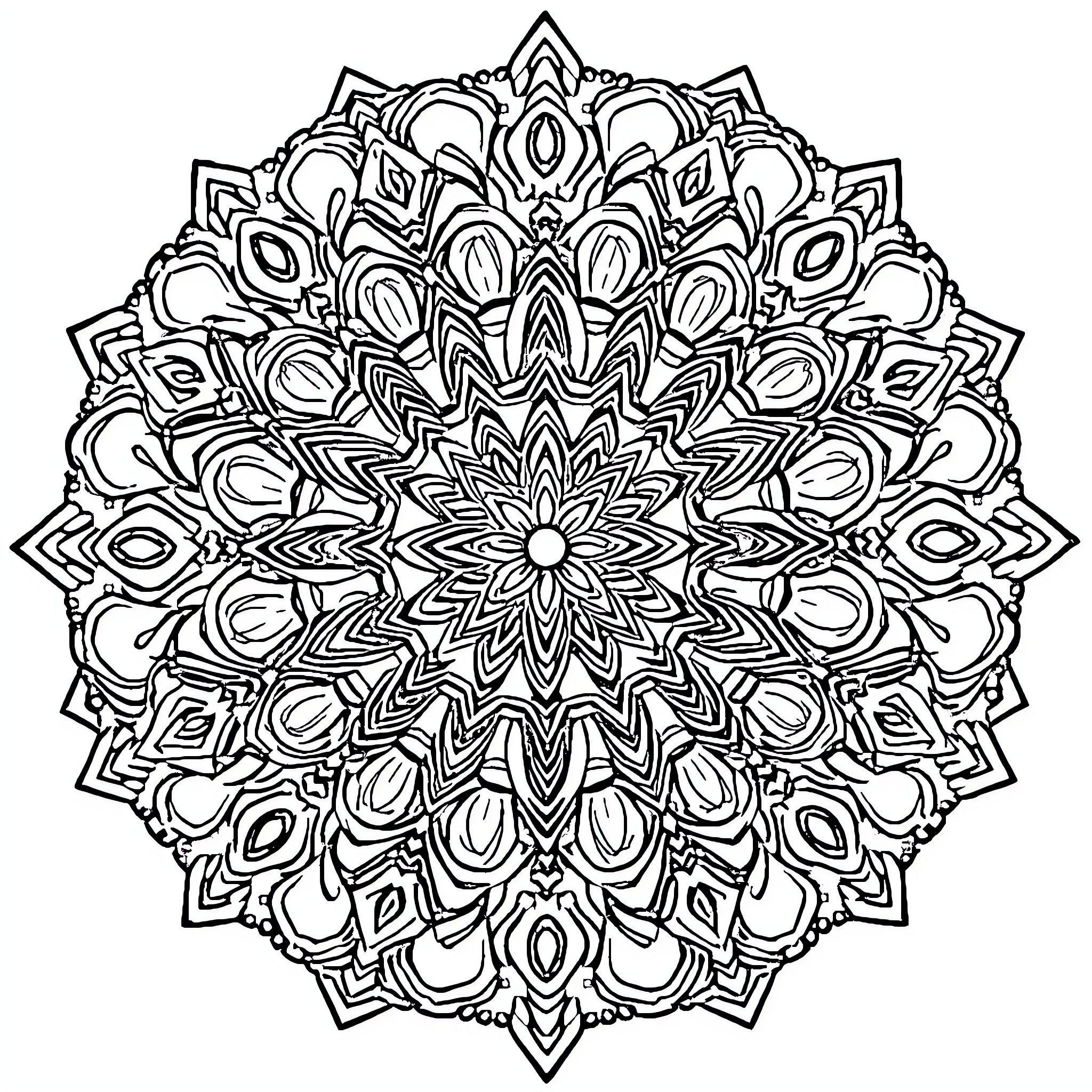Mandala of intricate floral patterns Coloring Page (free black-and-white line drawing printable PDF for all, from beginners to advanced learners, including children, teens, adults, and seniors)
