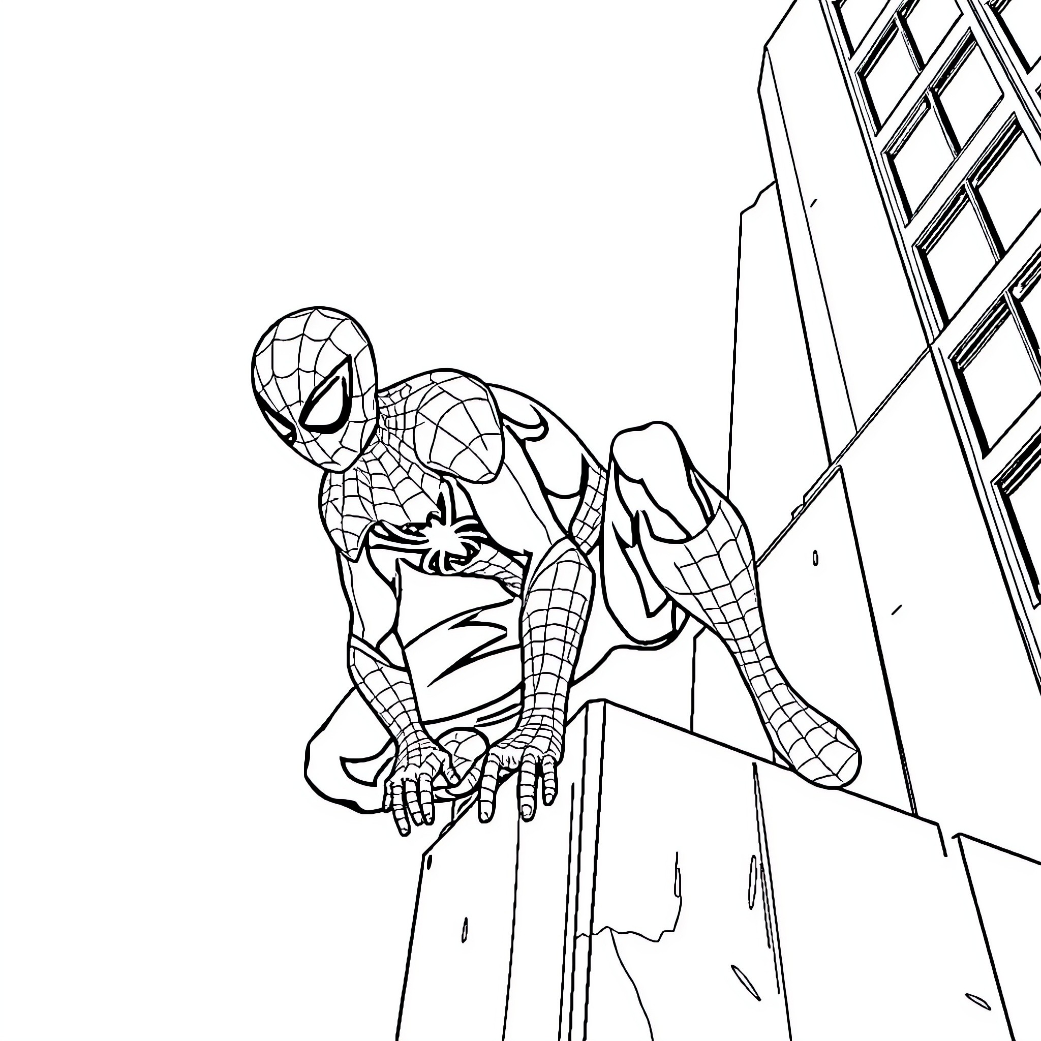 Spider-Man scaling a building with determination Coloring Page (free black-and-white line drawing printable PDF for all, from beginners to advanced learners, including children, teens, adults, and seniors)
