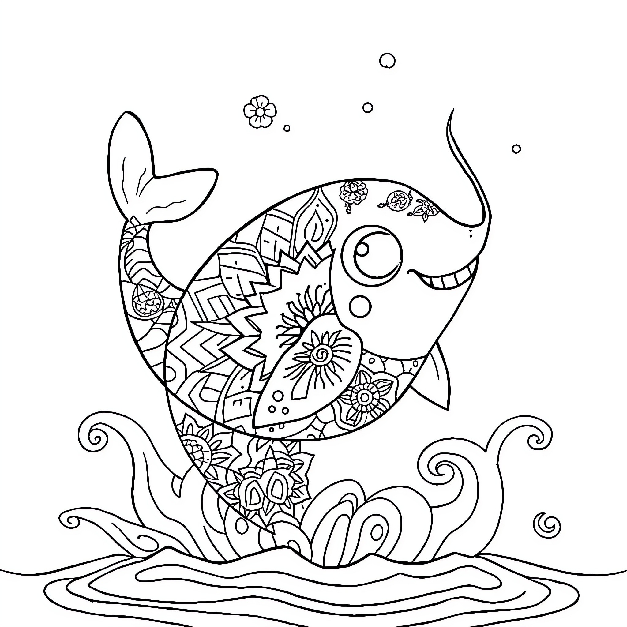 Whale swimming with vibrant floral designs Coloring Page (free black-and-white line drawing printable PDF for all, from beginners to advanced learners, including children, teens, adults, and seniors)