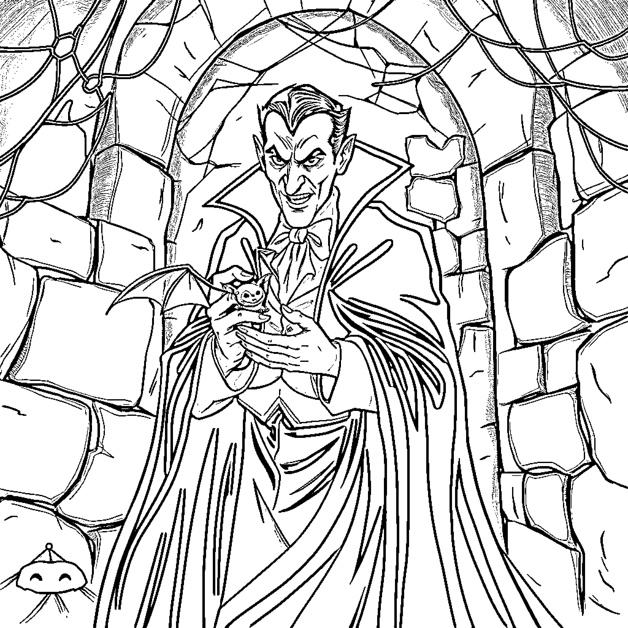 Dracula holding a bat in a spooky castle Coloring Page (free black-and-white line drawing printable PDF for all, from beginners to advanced learners, including children, teens, adults, and seniors)