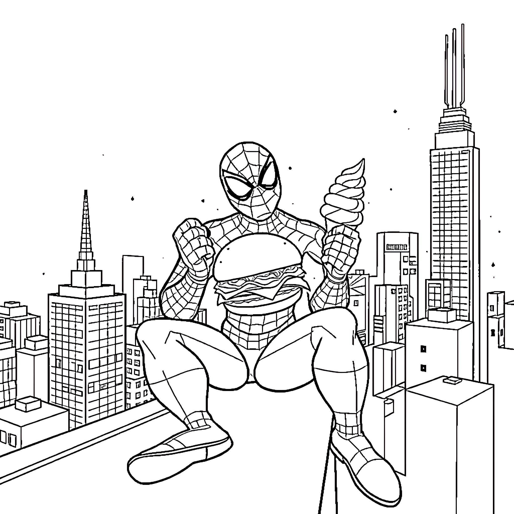 Spiderman enjoying a snack in the city Coloring Page (free black-and-white line drawing printable PDF for all, from beginners to advanced learners, including children, teens, adults, and seniors)