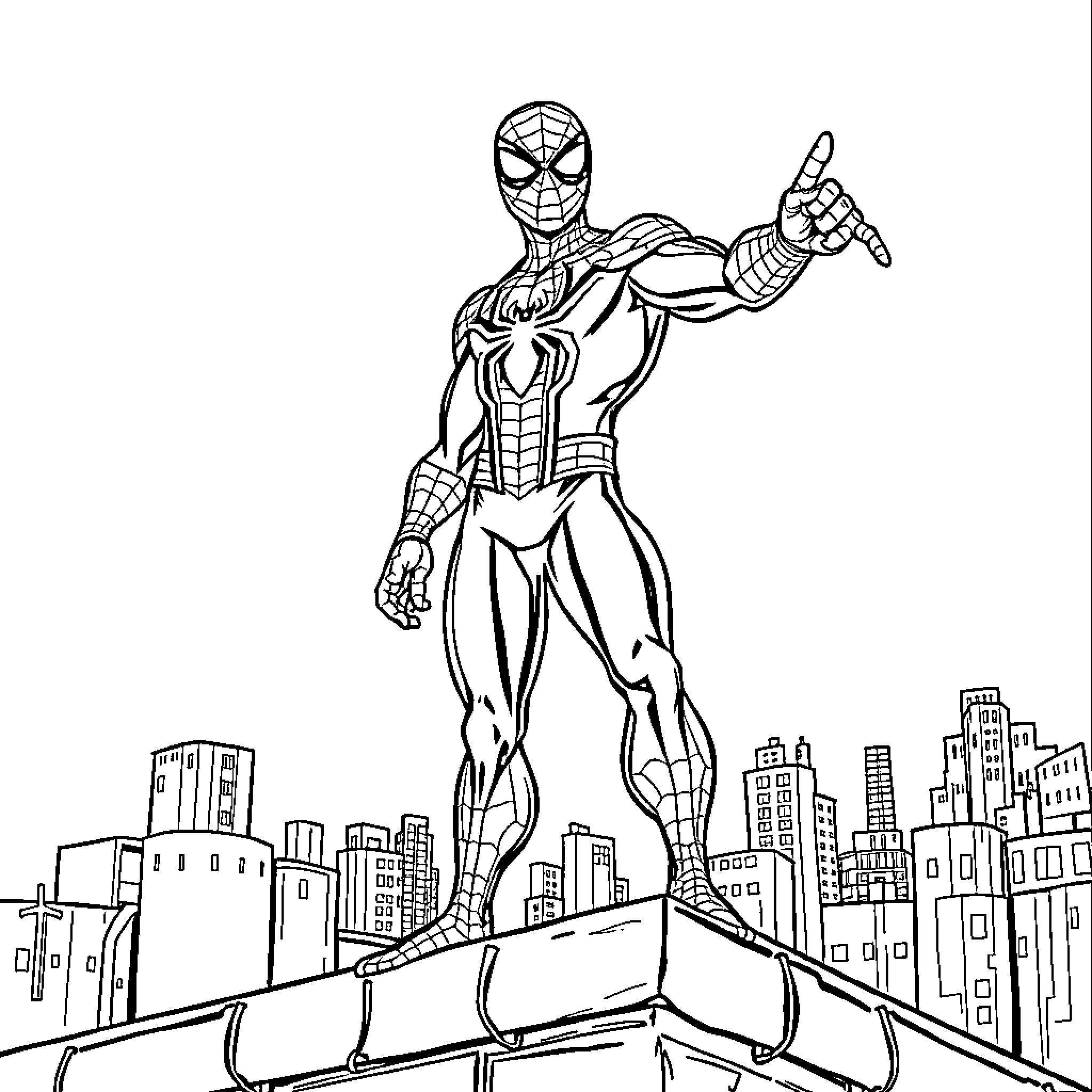 Spiderman swinging through the city skyline Coloring Page (free black-and-white line drawing printable PDF for all, from beginners to advanced learners, including children, teens, adults, and seniors)