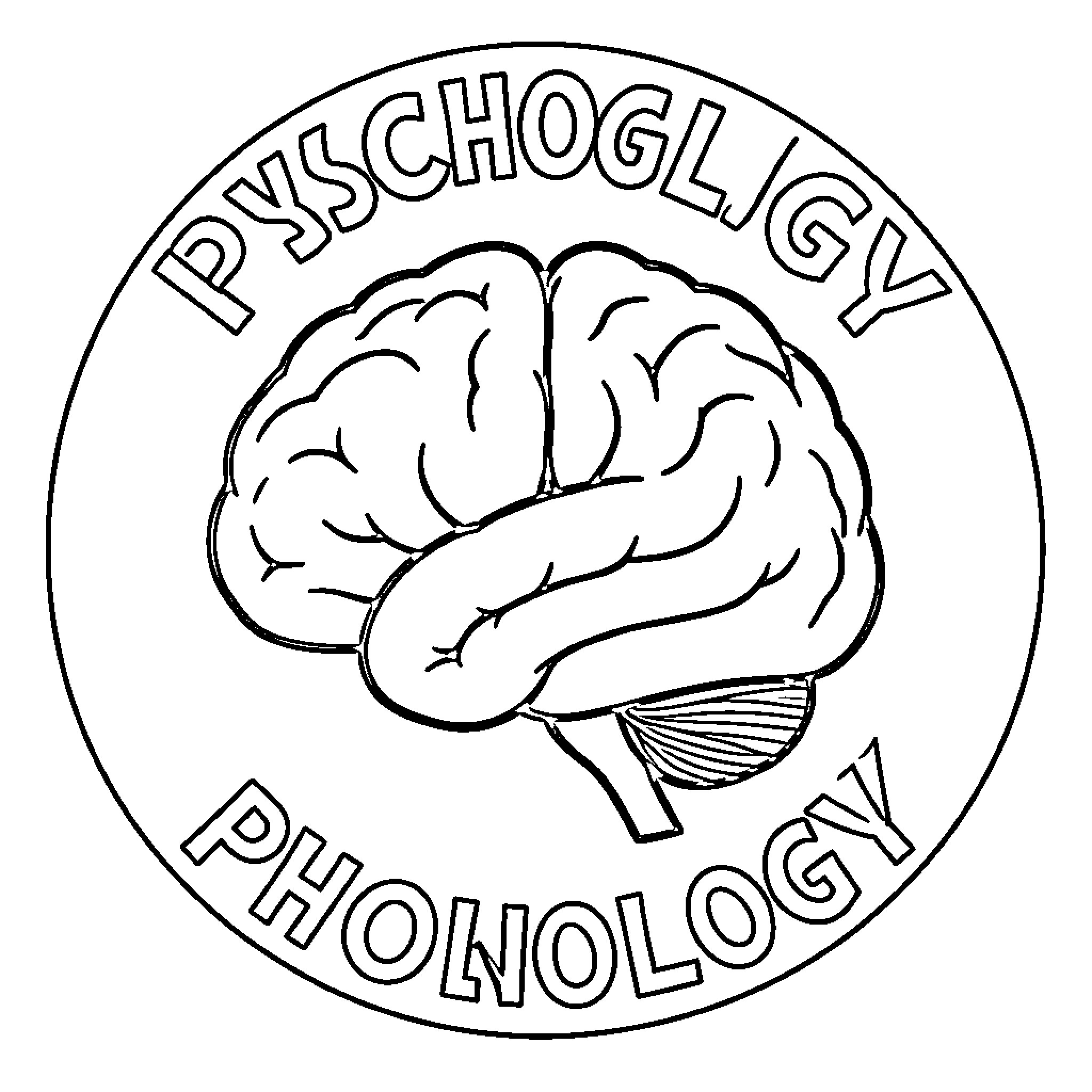 Psychology Logo with Brain Illustration Coloring Page (free black-and-white line drawing printable PDF for all, from beginners to advanced learners, including children, teens, adults, and seniors)