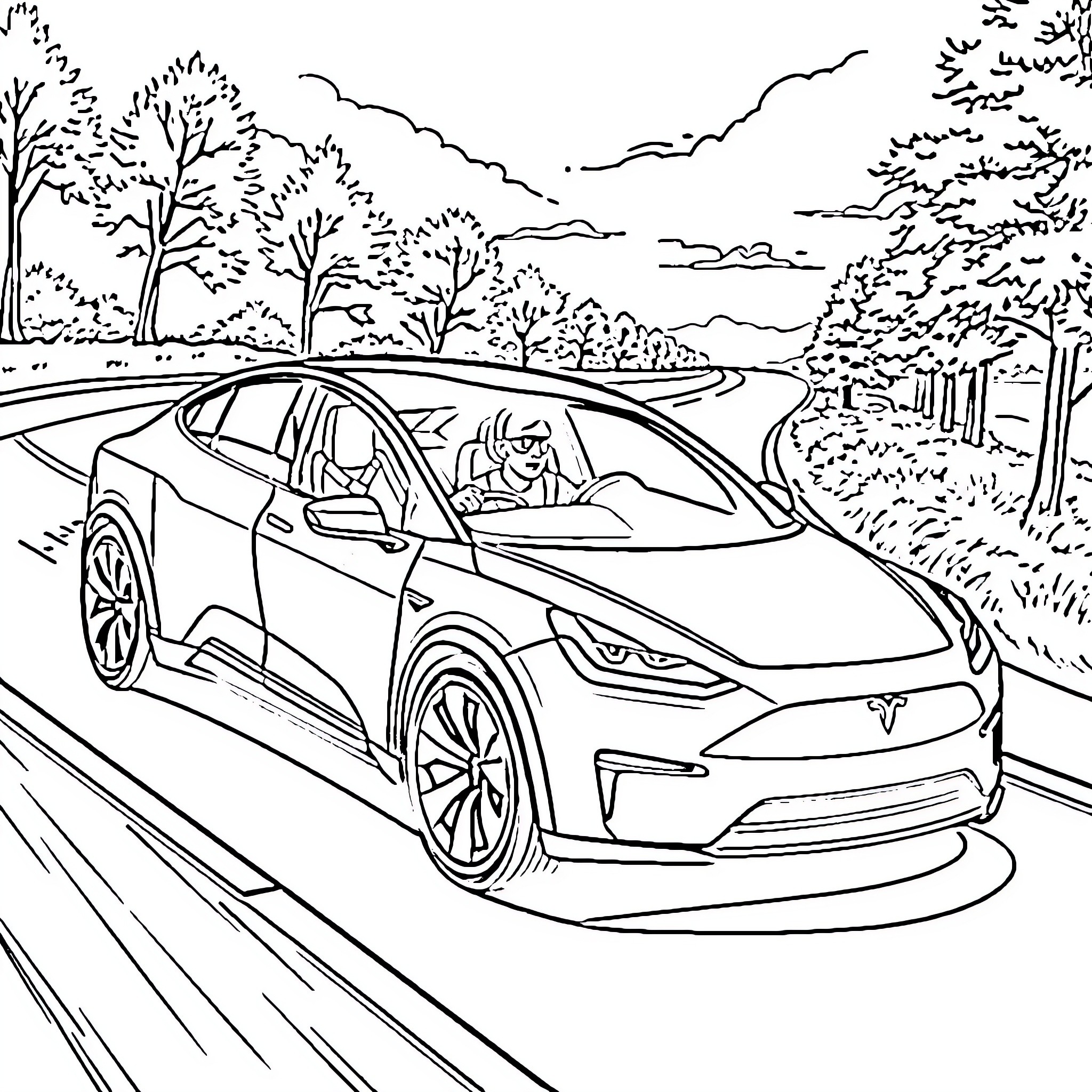 Man driving electric car on winding road through forest Coloring Page (free black-and-white line drawing printable PDF for all, from beginners to advanced learners, including children, teens, adults, and seniors)